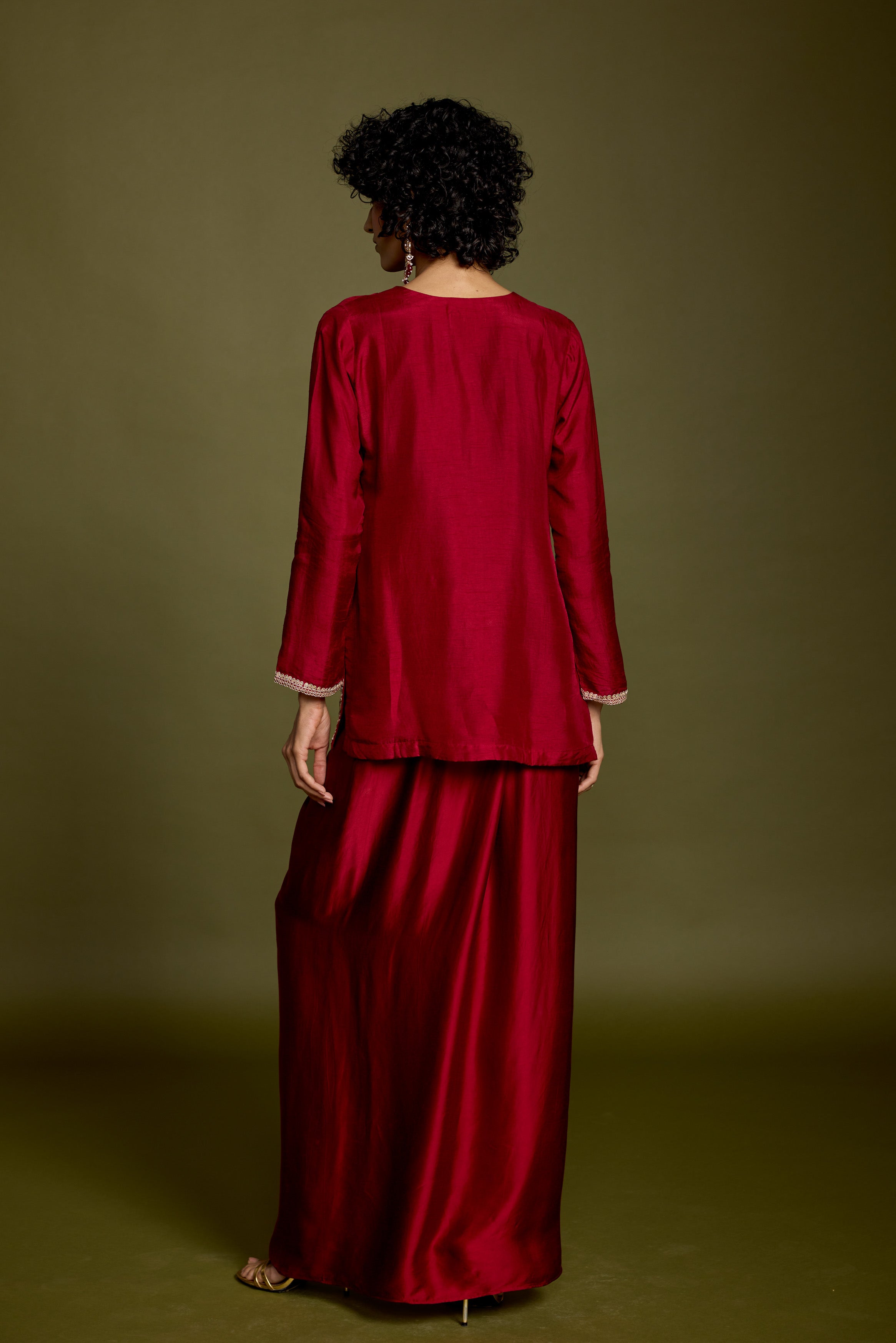 Maroon Red Embellished Georgette Silk Skirt Set