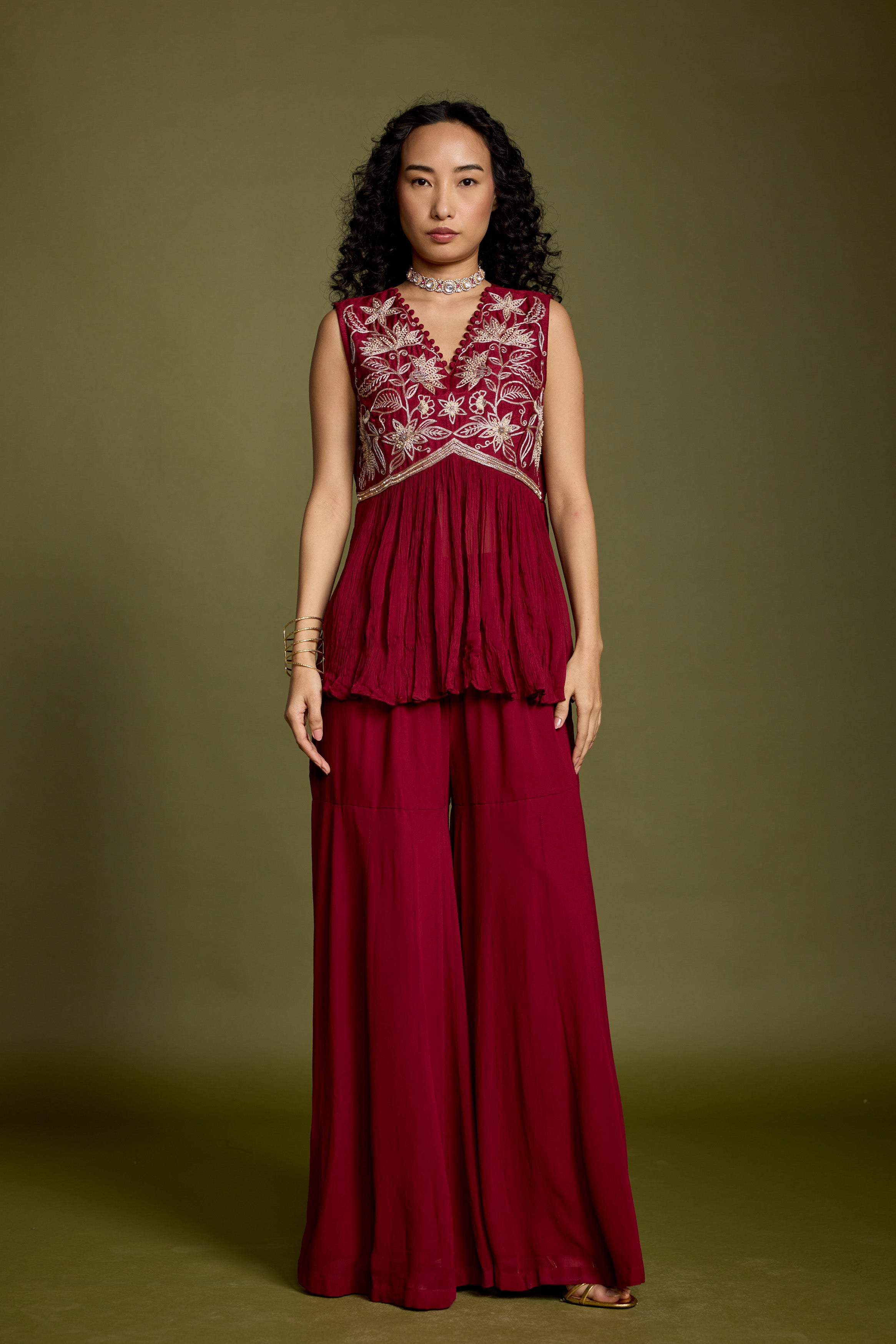 Maroon Red Embellished Georgette Silk Co-Ord Set