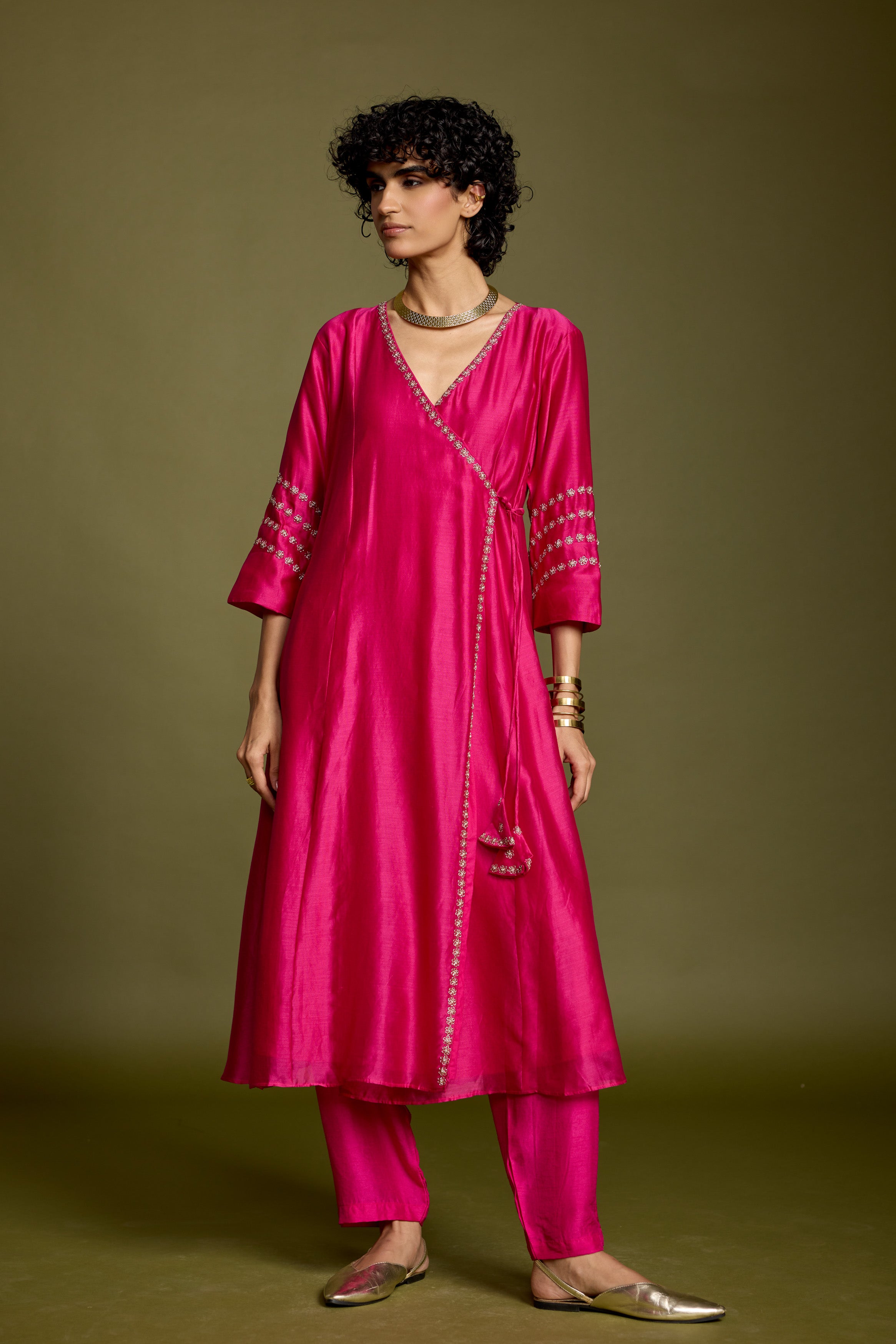 Queen Pink Embellished Raw Silk Pant Set
