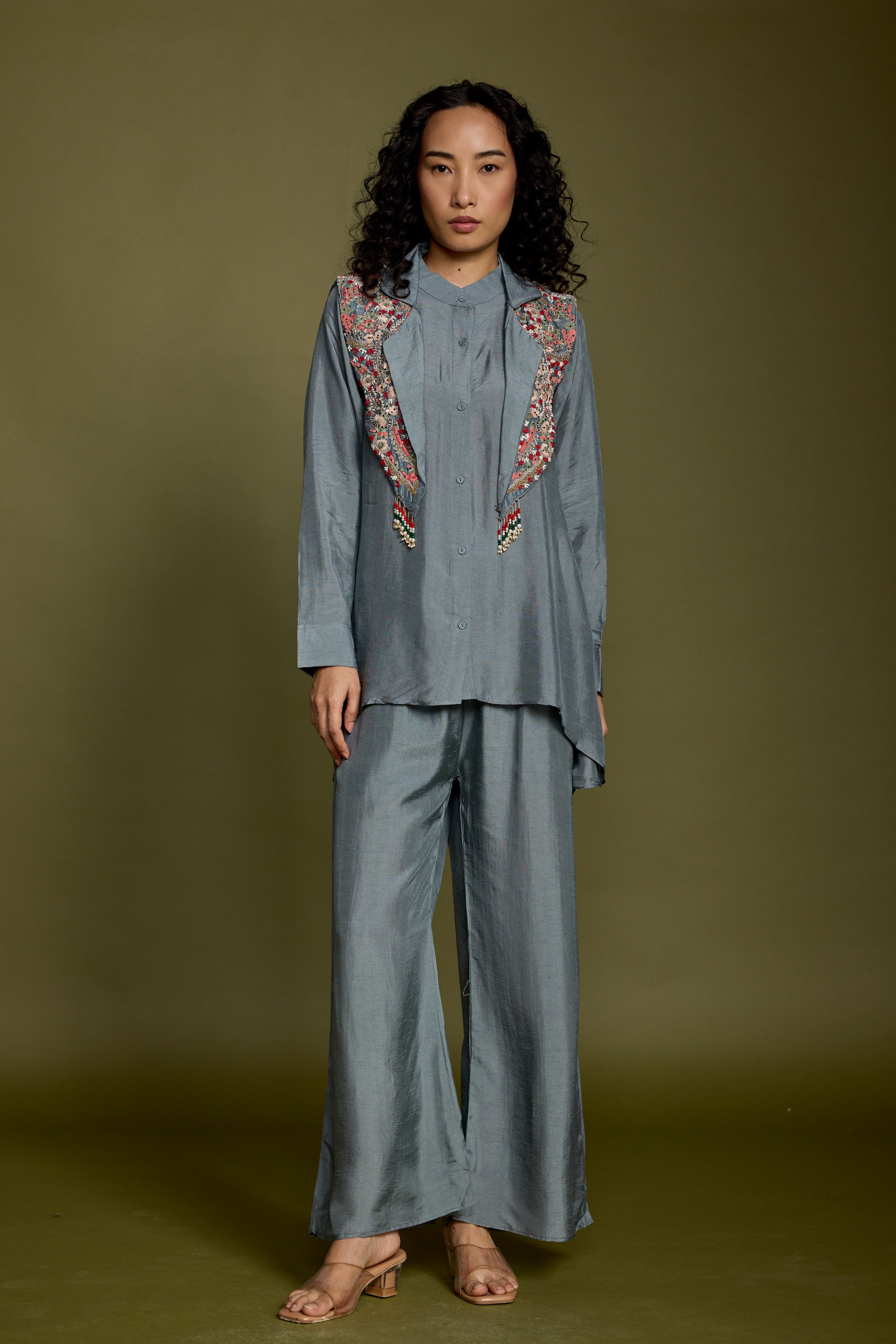 Slate Blue Embellished Raw Silk Co-Ord Set