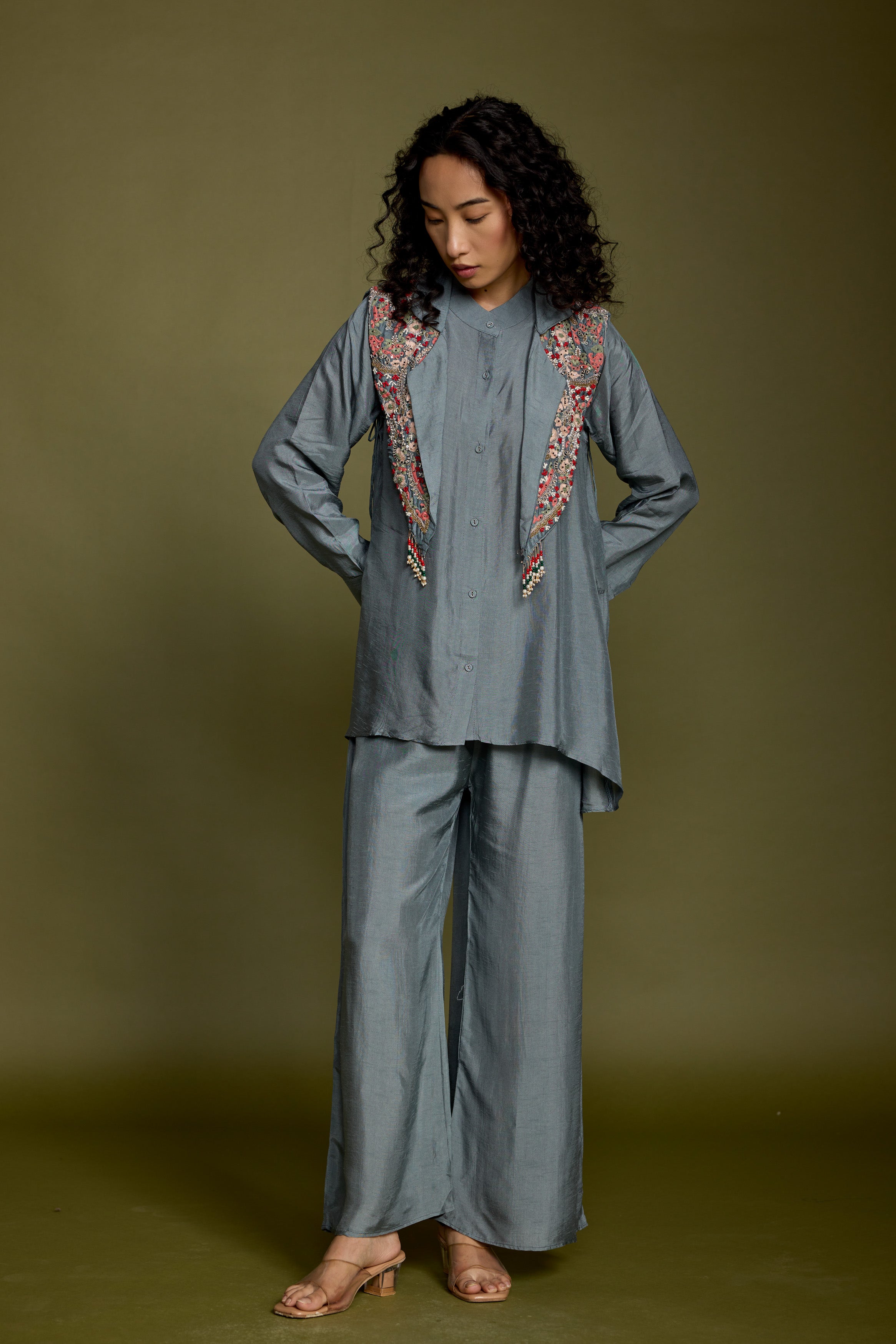 Slate Blue Embellished Raw Silk Co-Ord Set