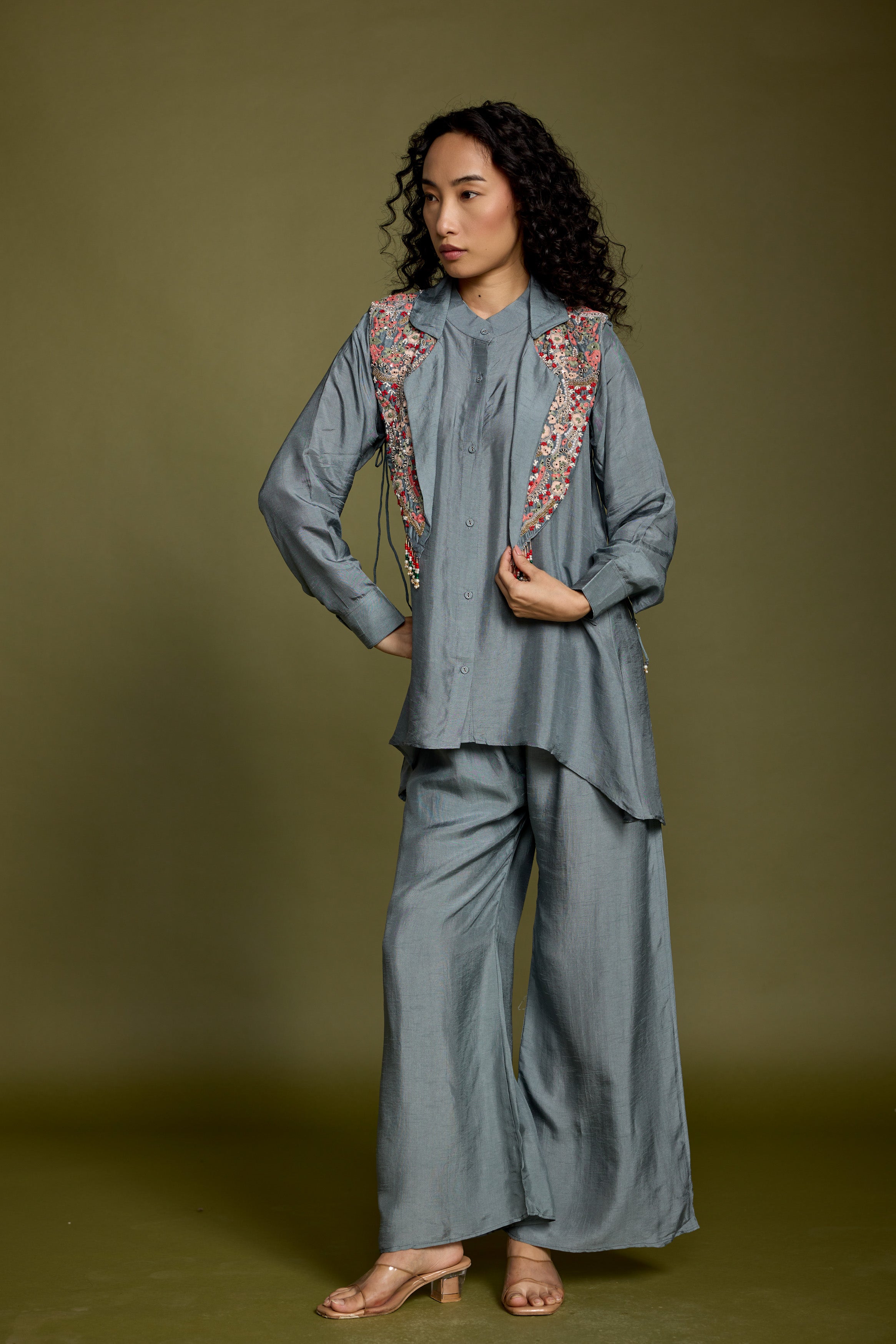 Slate Blue Embellished Raw Silk Co-Ord Set