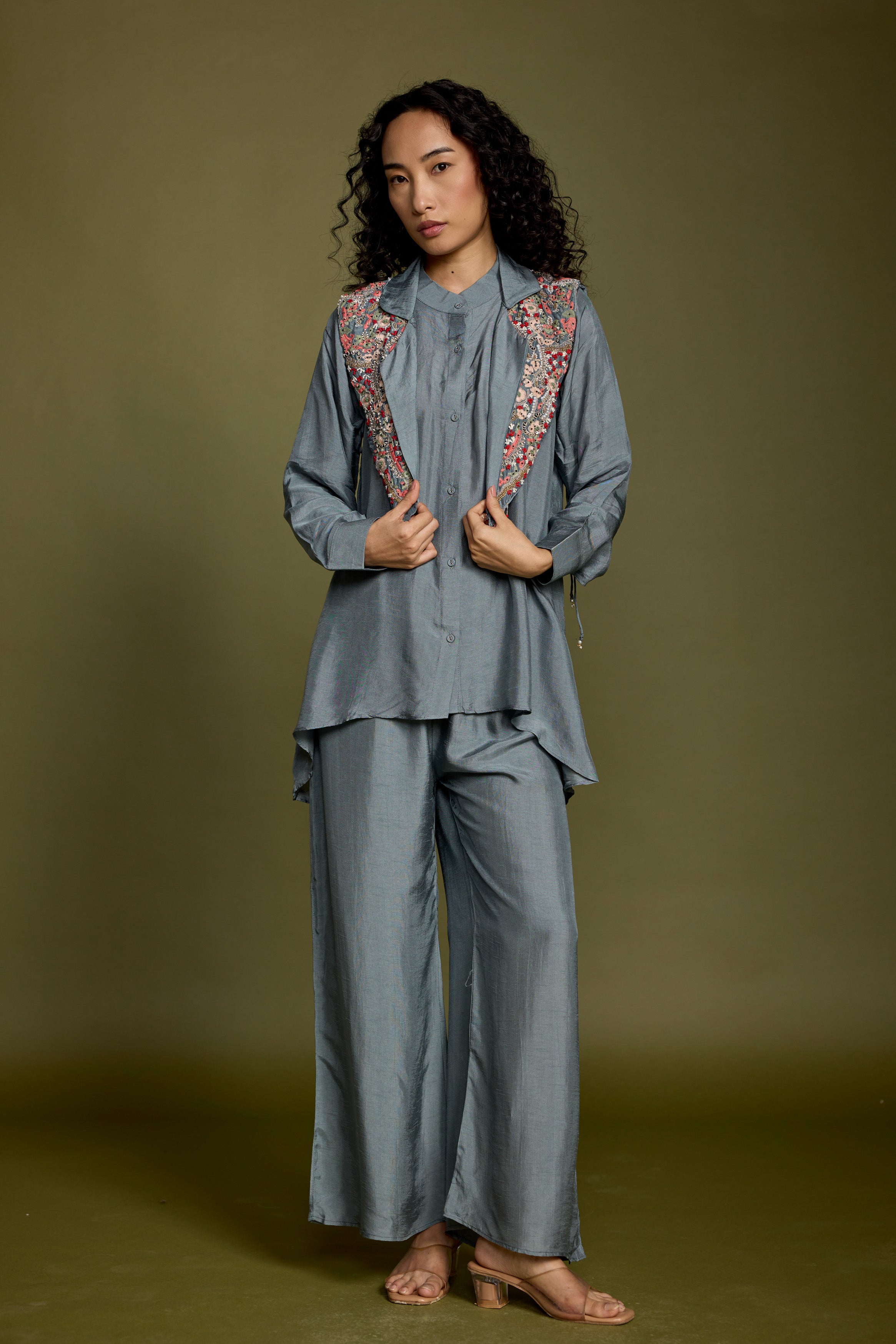 Slate Blue Embellished Raw Silk Co-Ord Set