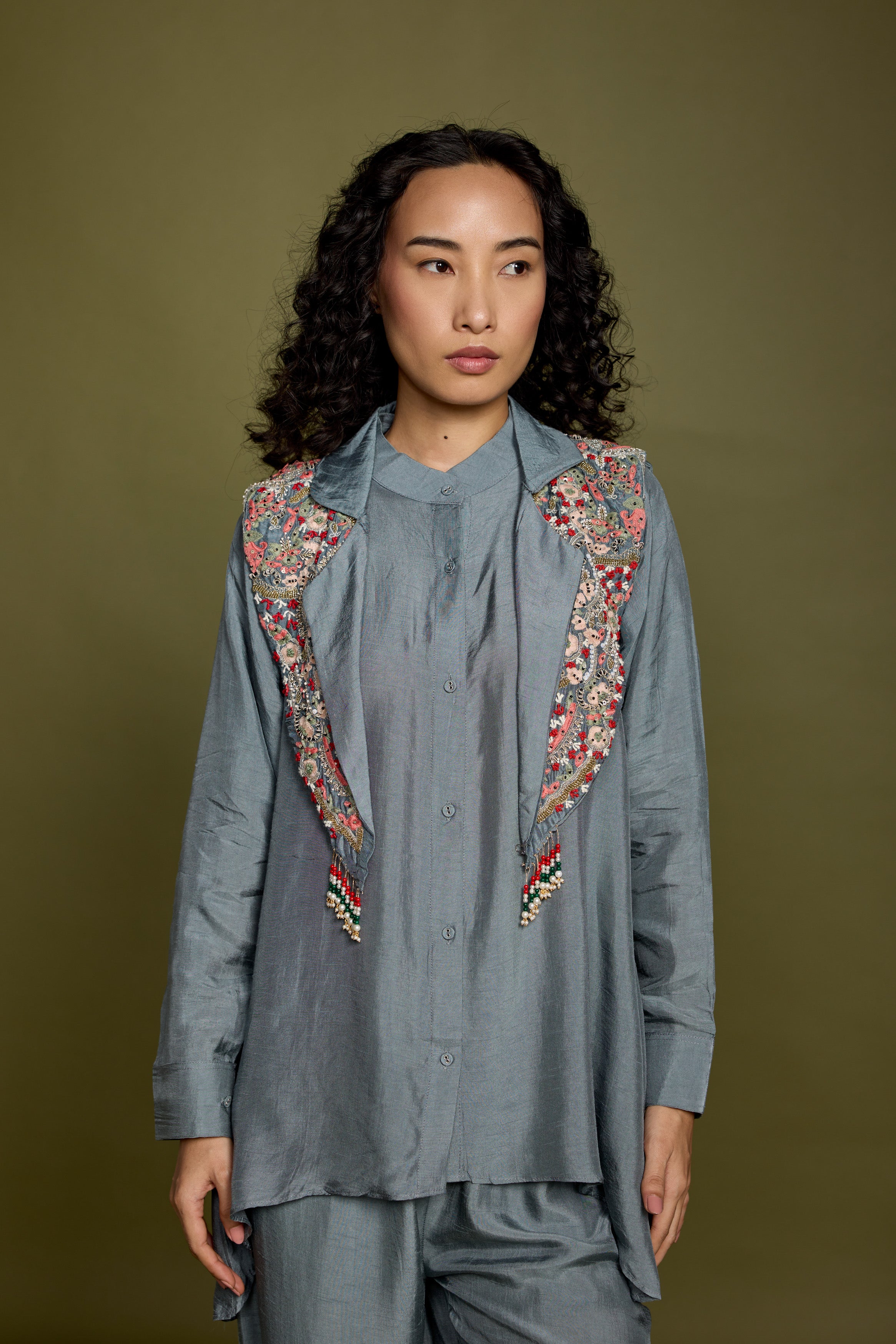 Slate Blue Embellished Raw Silk Co-Ord Set