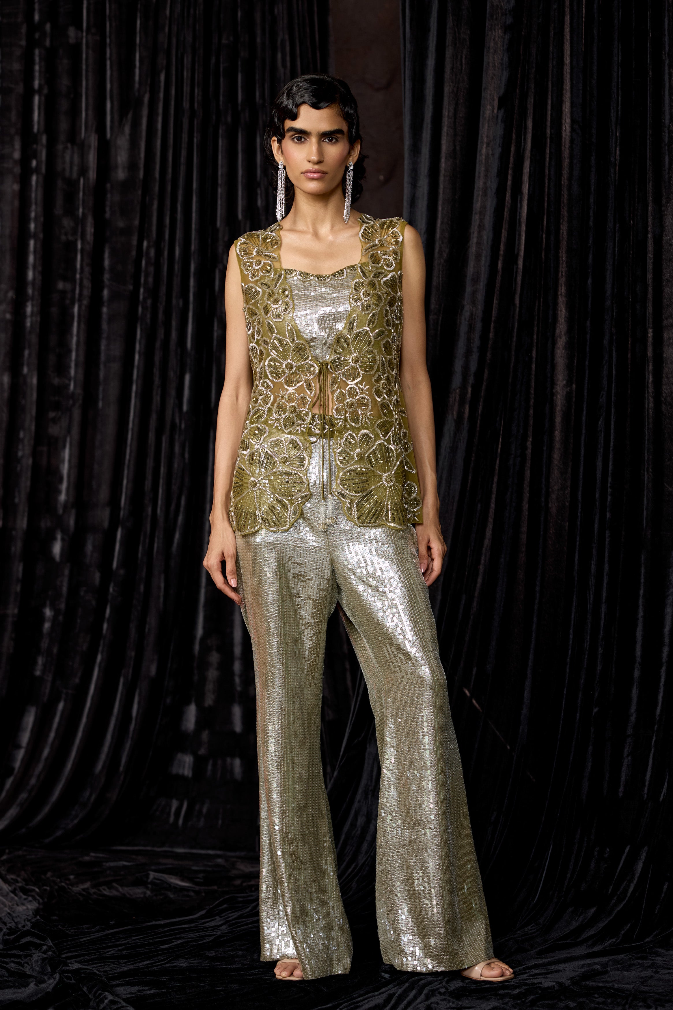 Olive Green Embellished Sequin Co-Ord Set