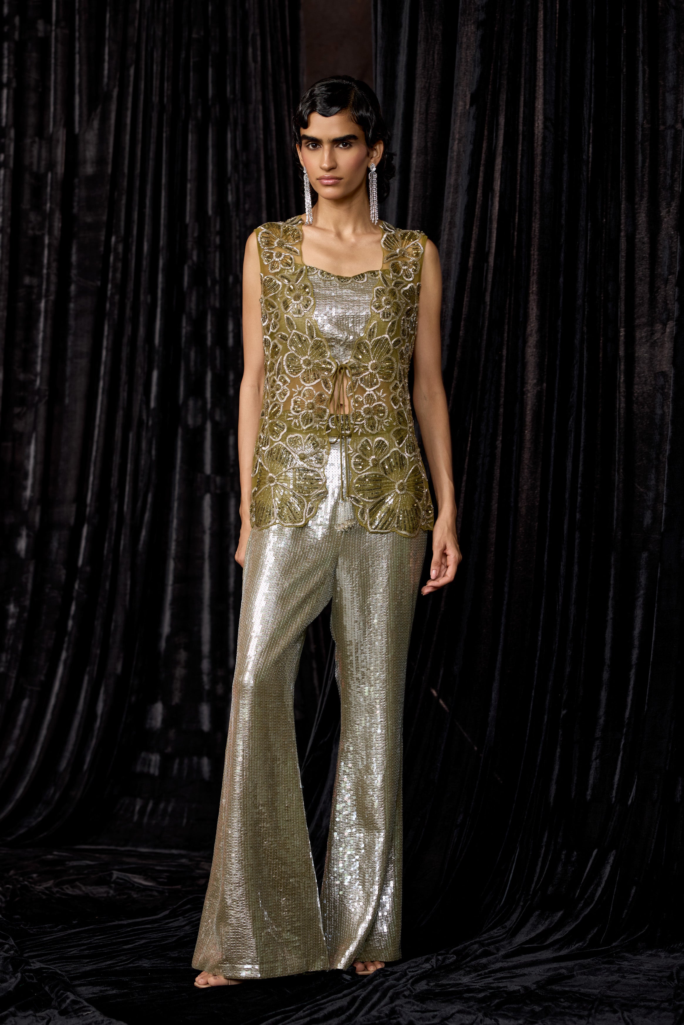 Olive Green Embellished Sequin Co-Ord Set
