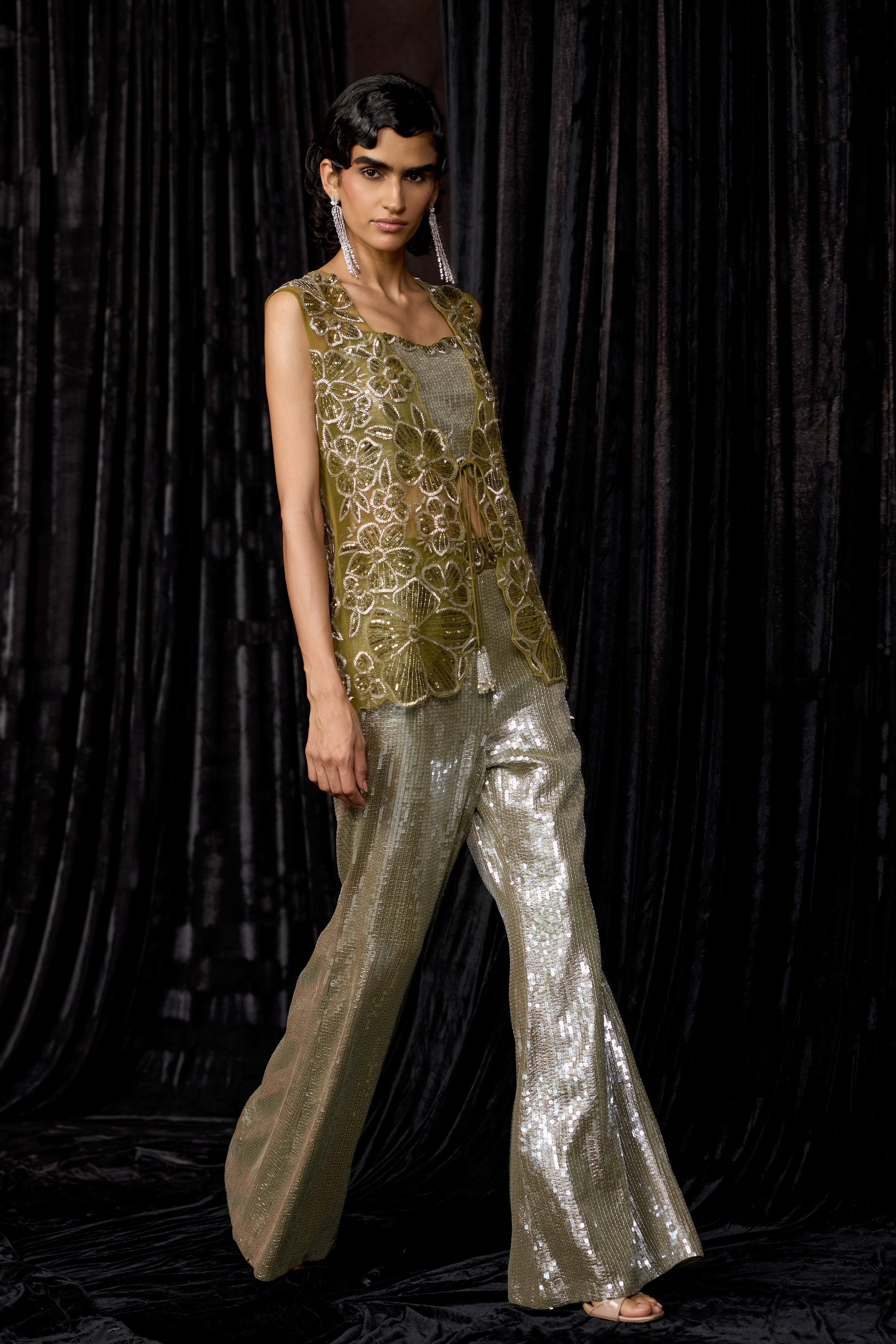 Olive Green Embellished Sequin Co-Ord Set
