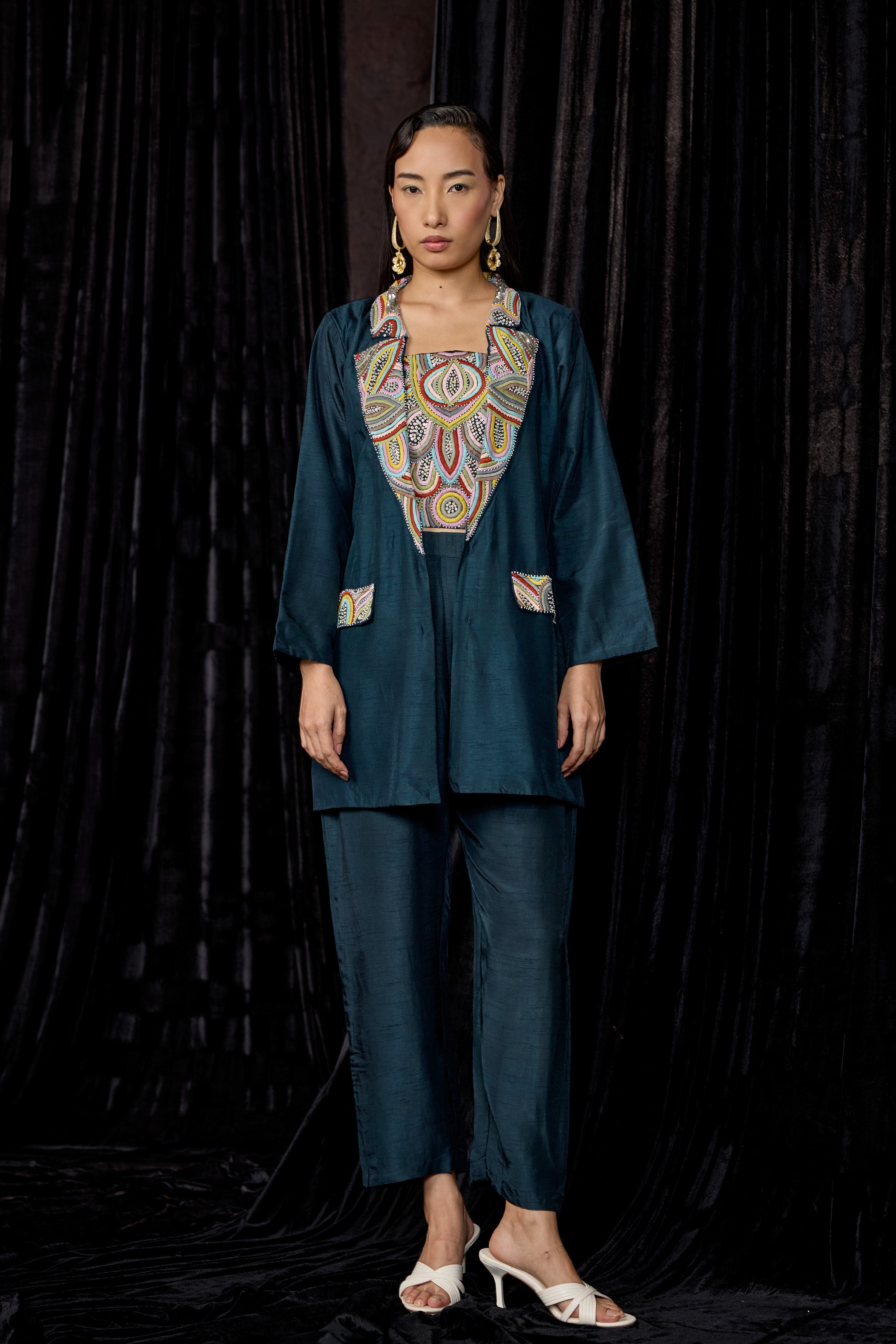 Teal Blue Embellished Raw Silk Co-Ord Set