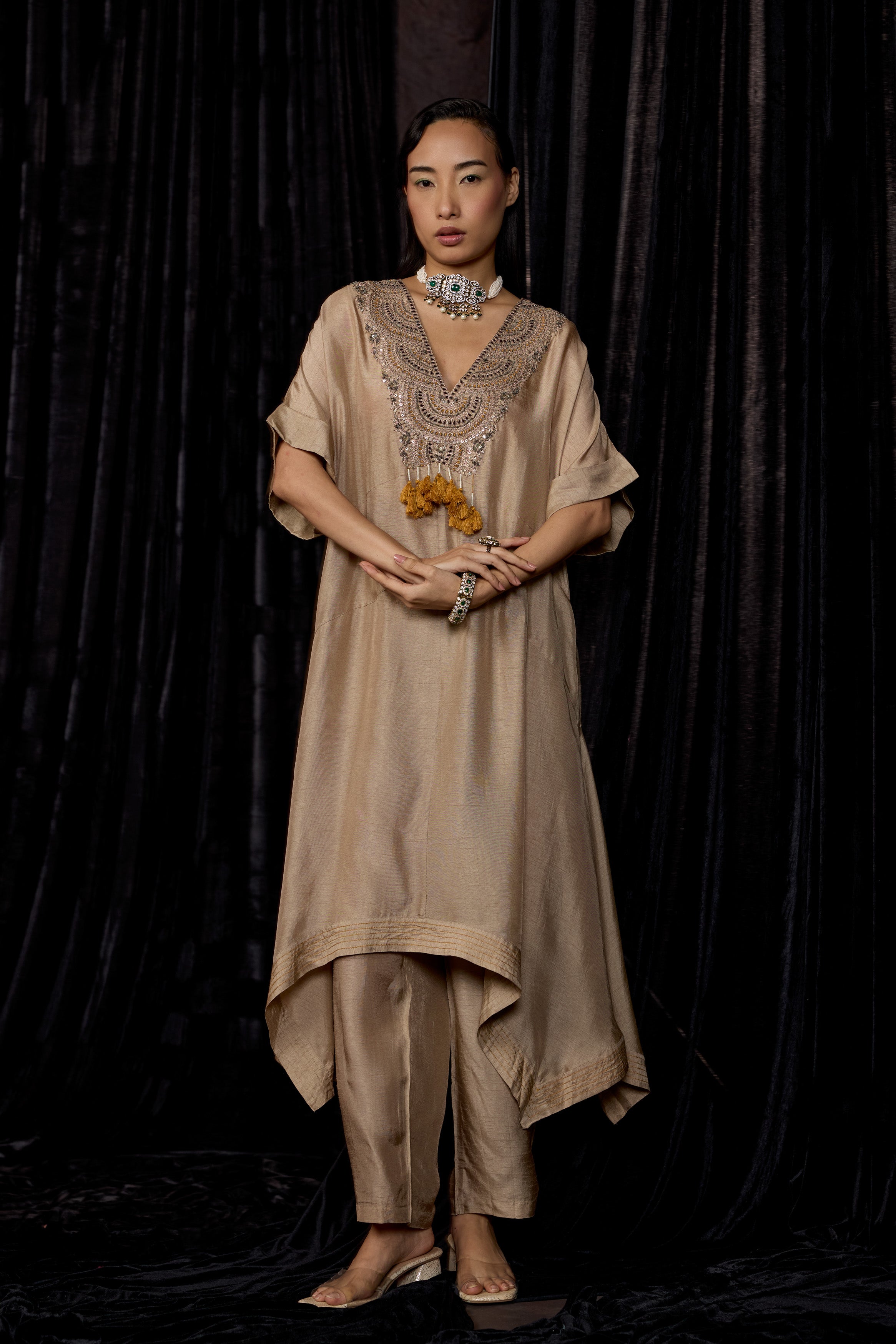 Champagne Gold Embellished Raw Silk Pant Set