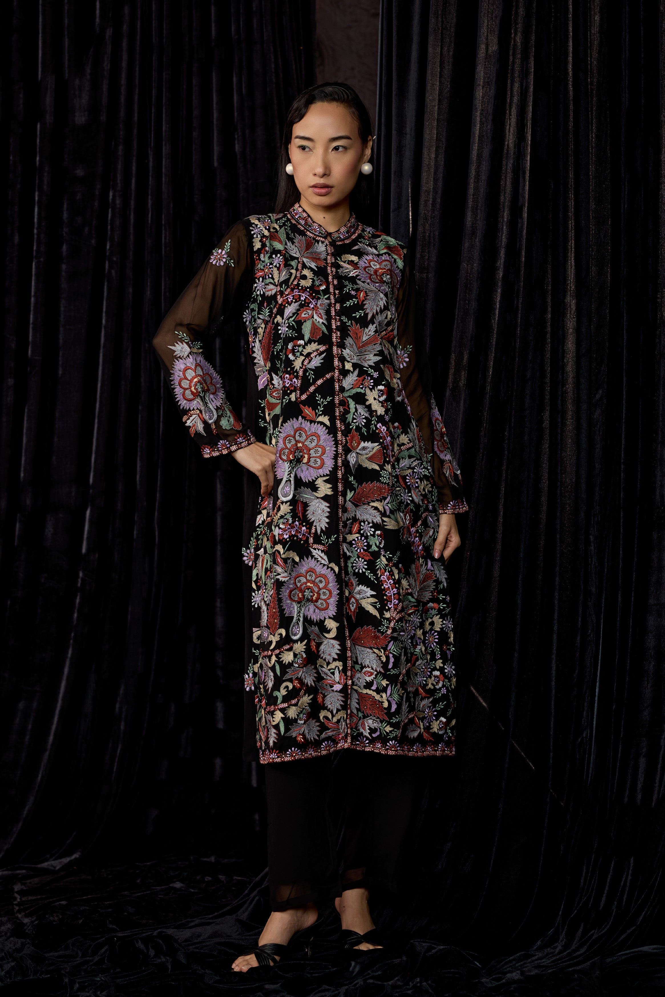 Classic Black Embroidered Georgette Silk Kurta Set