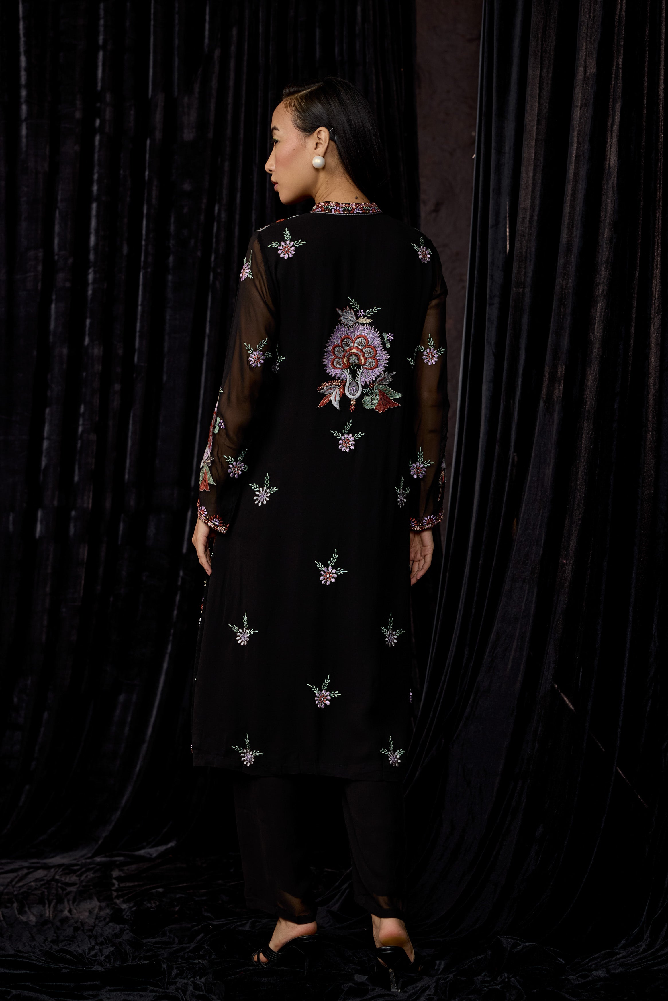 Classic Black Embroidered Georgette Silk Kurta Set