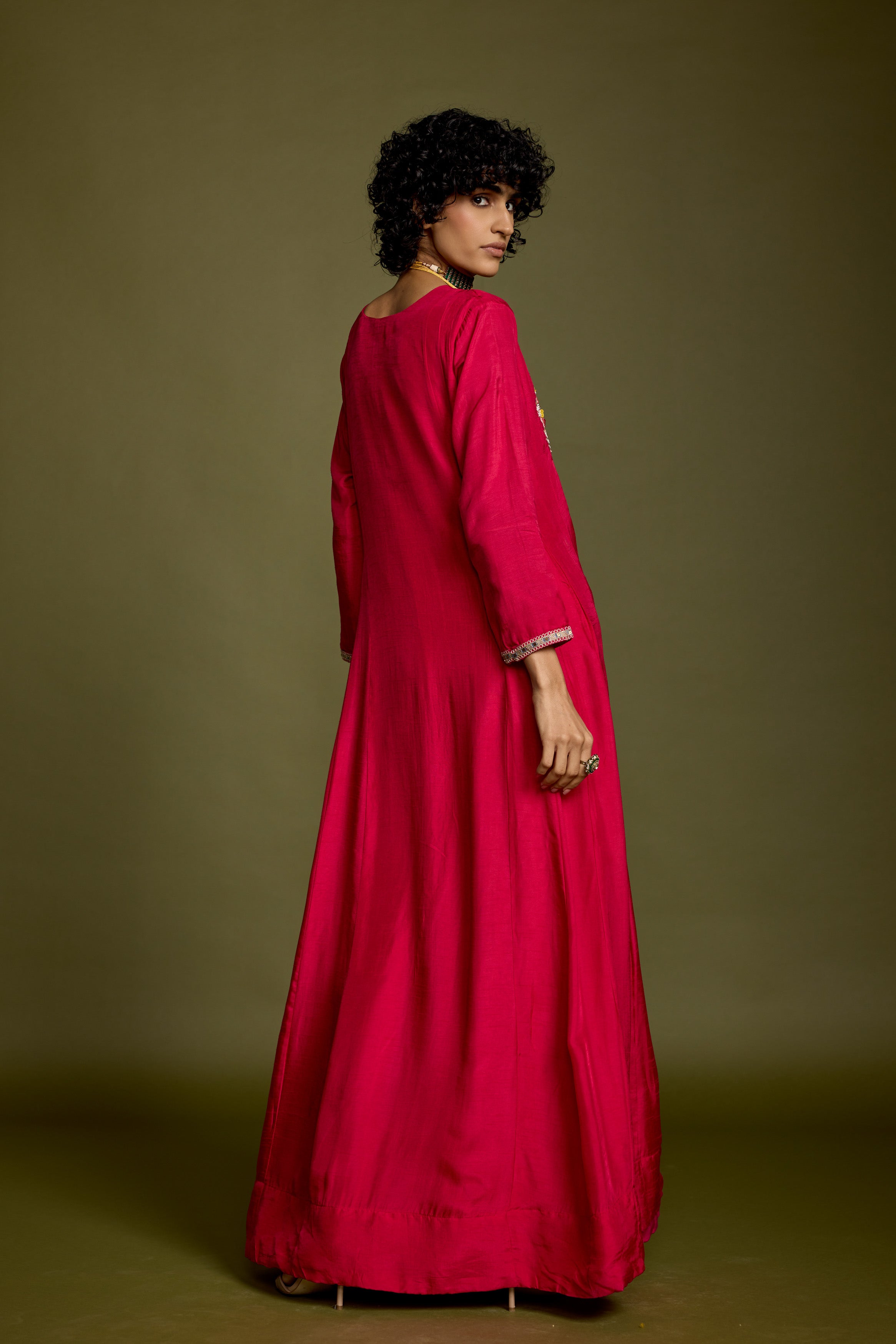 Dark Pink Embellished Raw Silk Gown