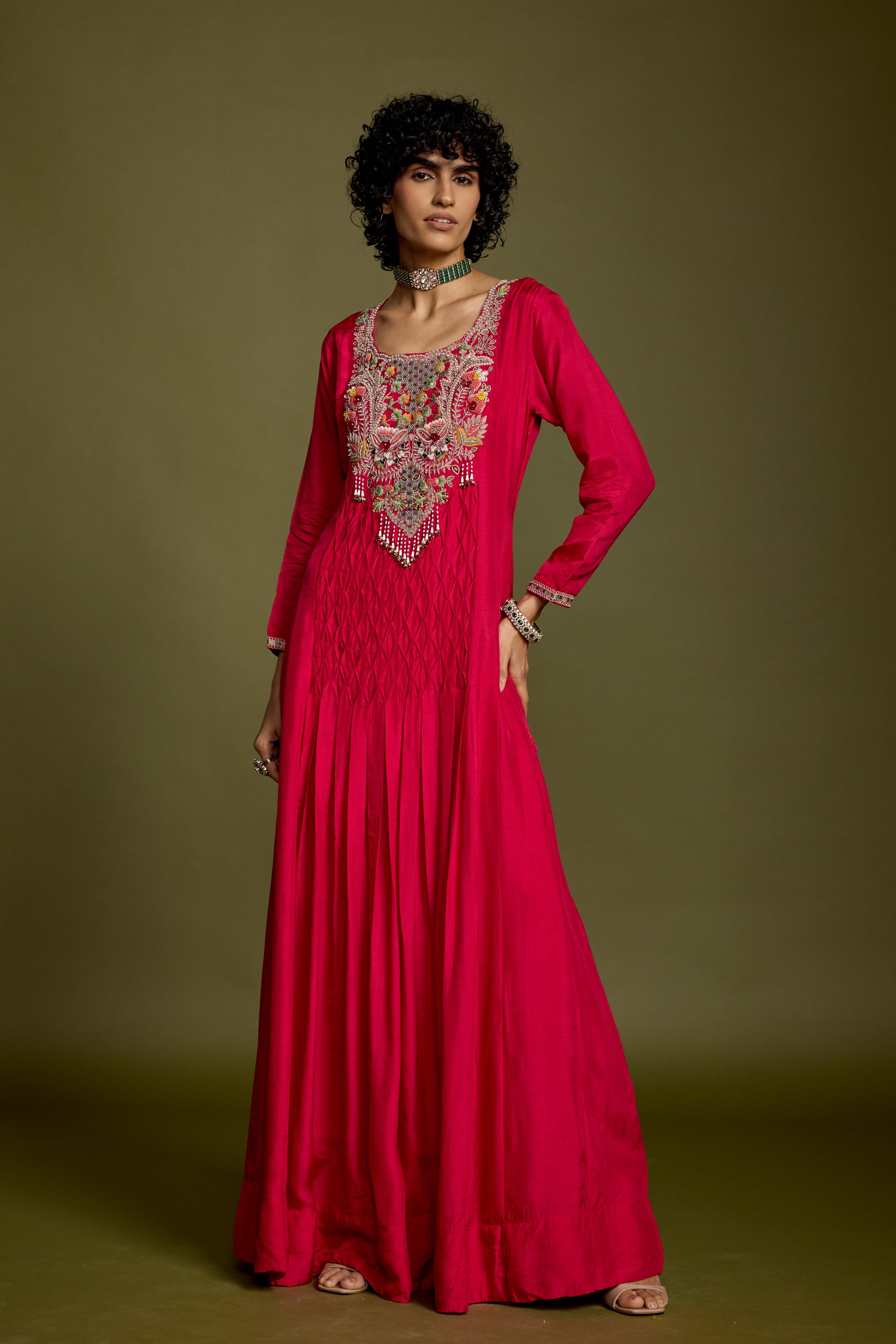 Dark Pink Embellished Raw Silk Gown