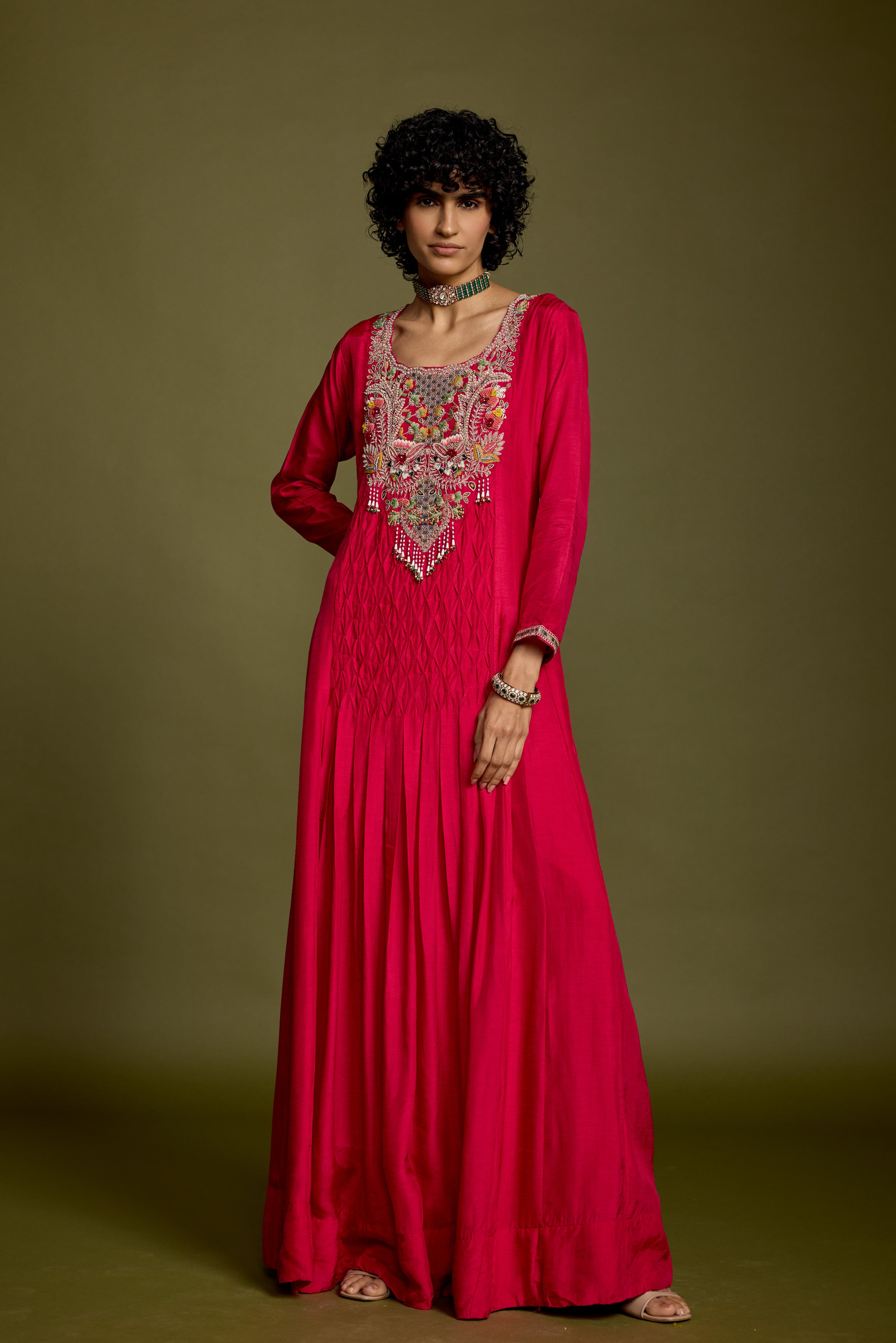 Dark Pink Embellished Raw Silk Gown