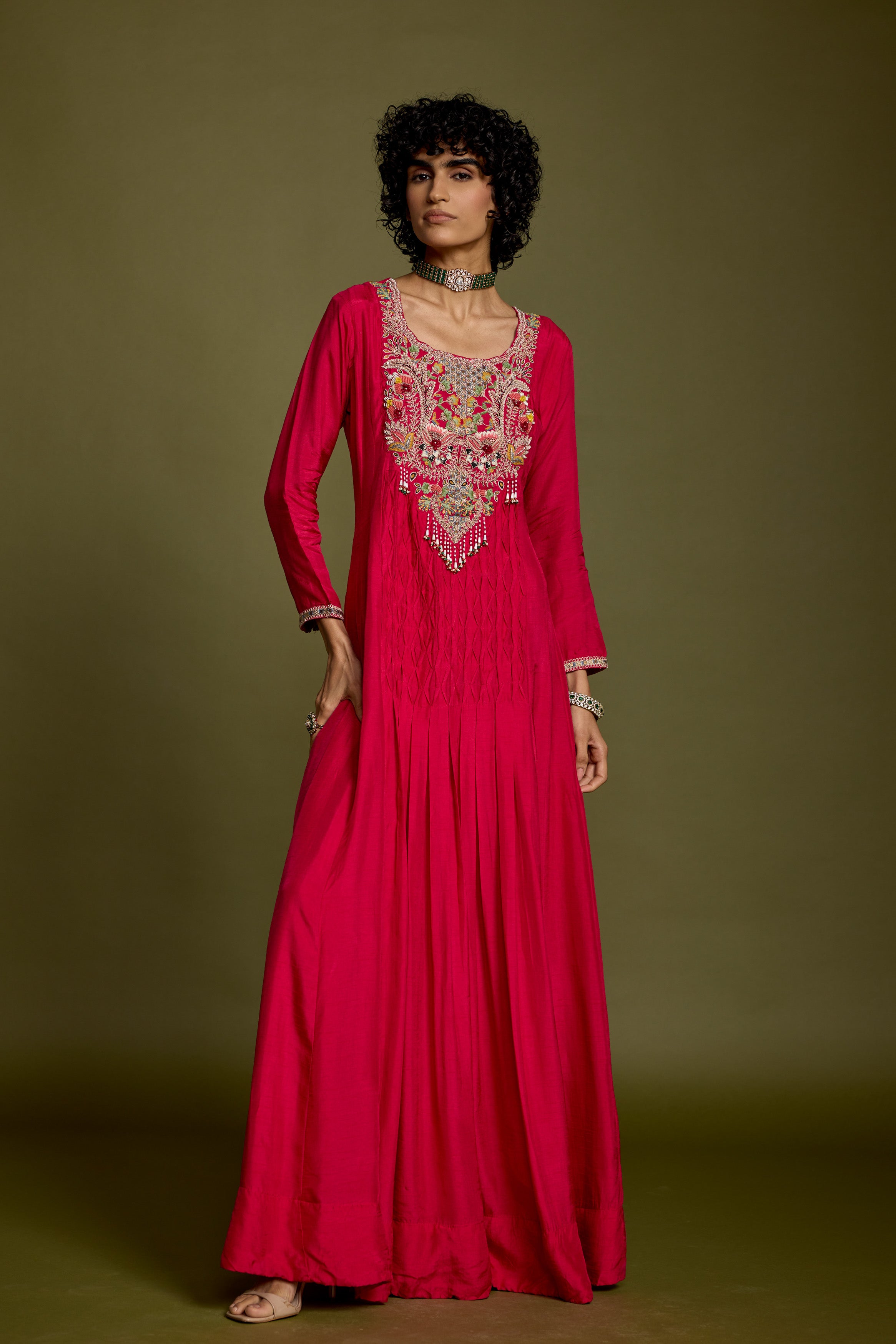 Dark Pink Embellished Raw Silk Gown