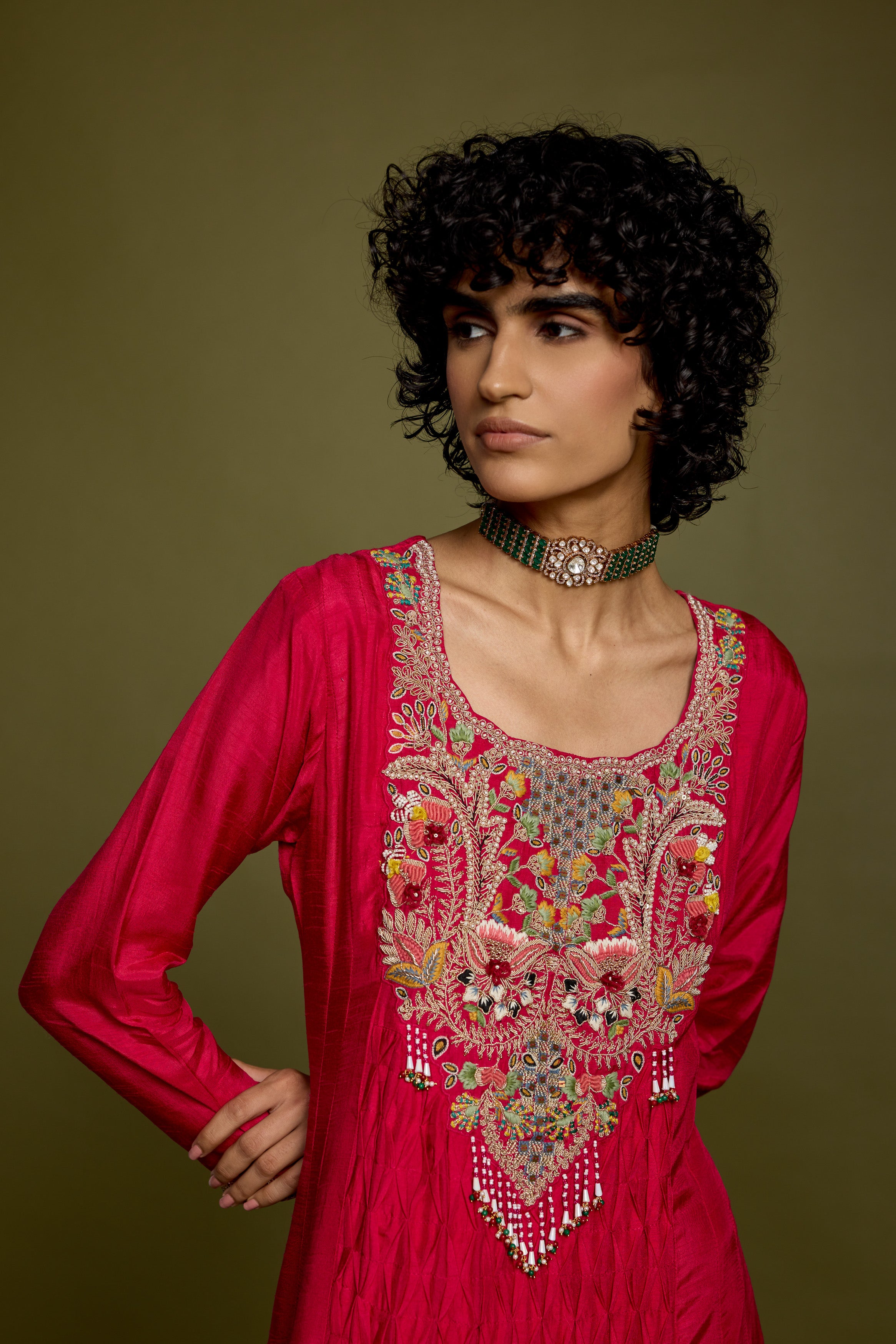 Dark Pink Embellished Raw Silk Gown