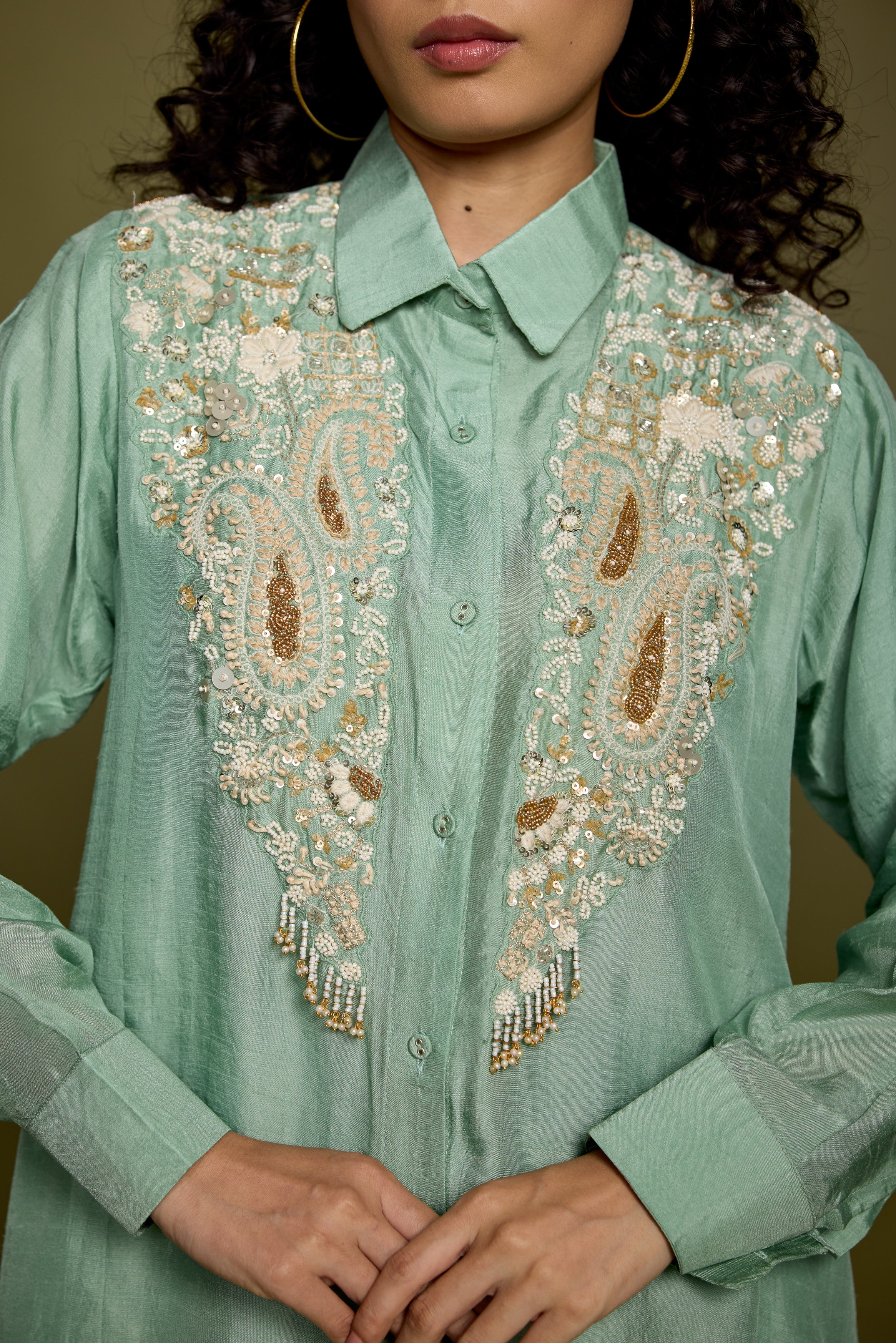 Mint Green Embellished Raw Silk Co-Ord Set