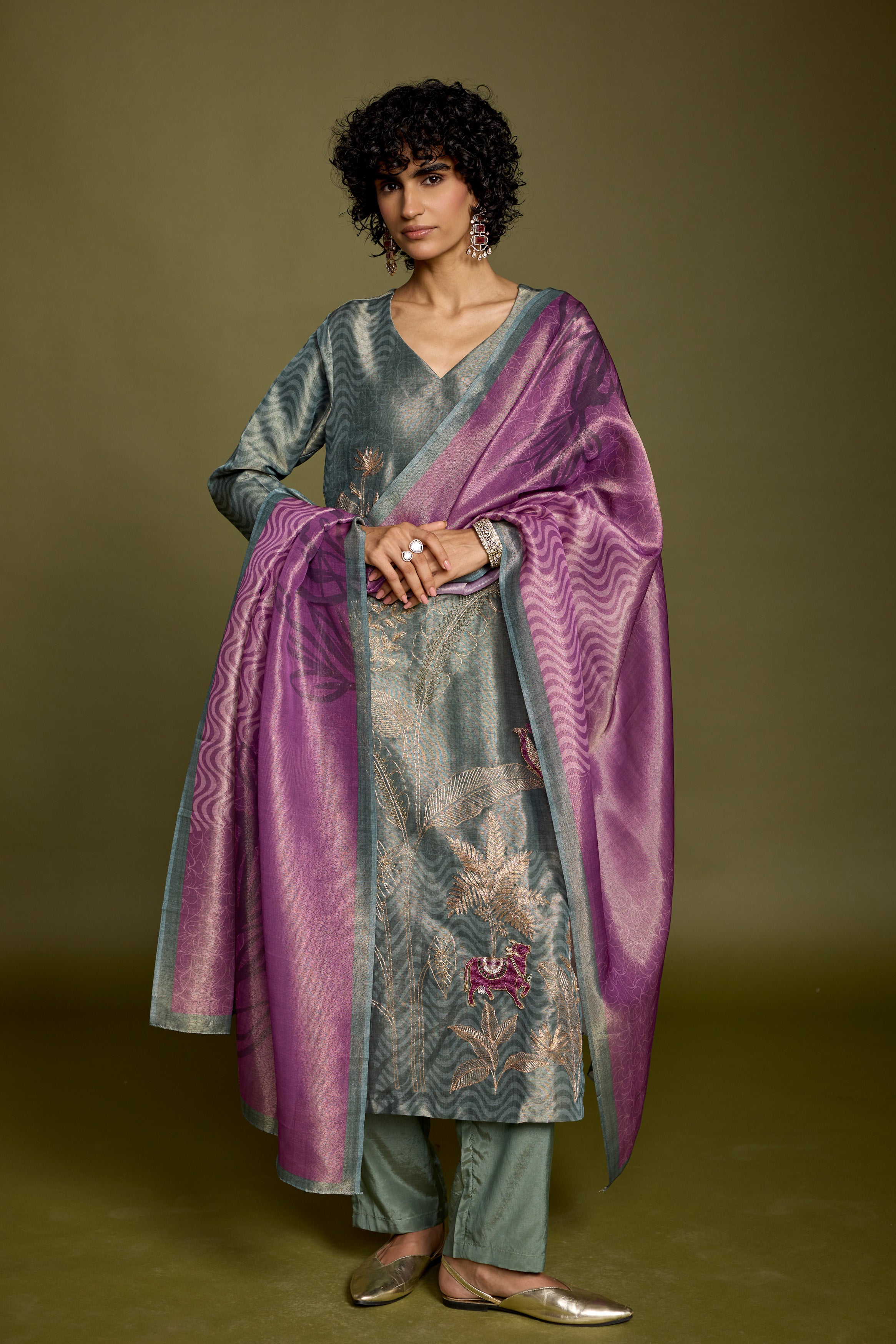 Grayish-Green Embellished Chanderi Silk Pant Set