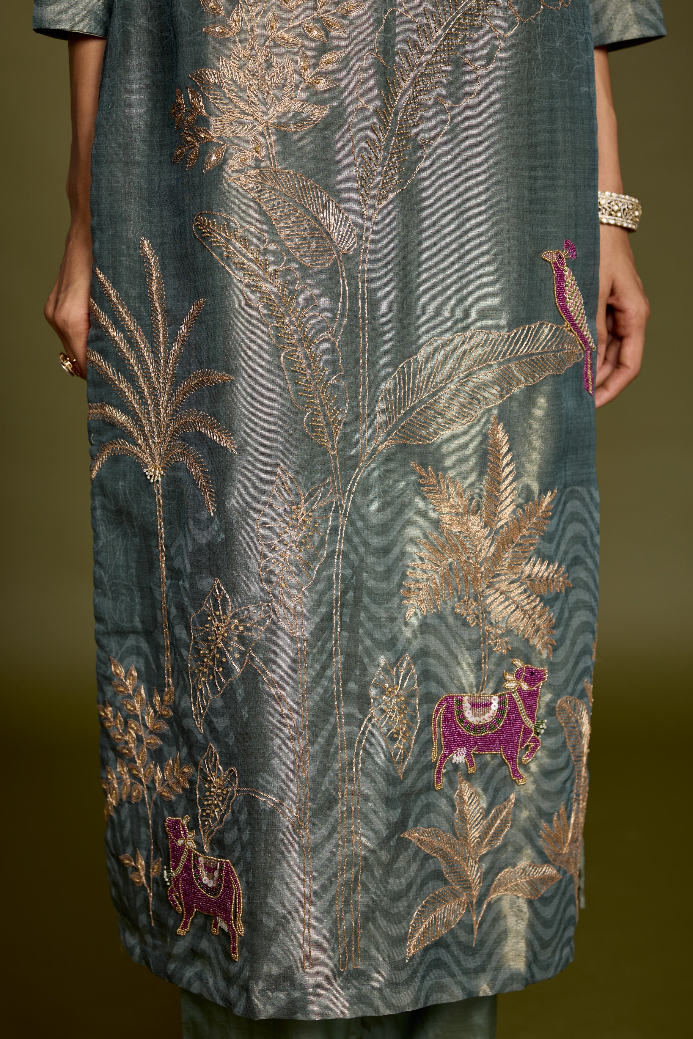 Grayish-Green Embellished Chanderi Silk Pant Set