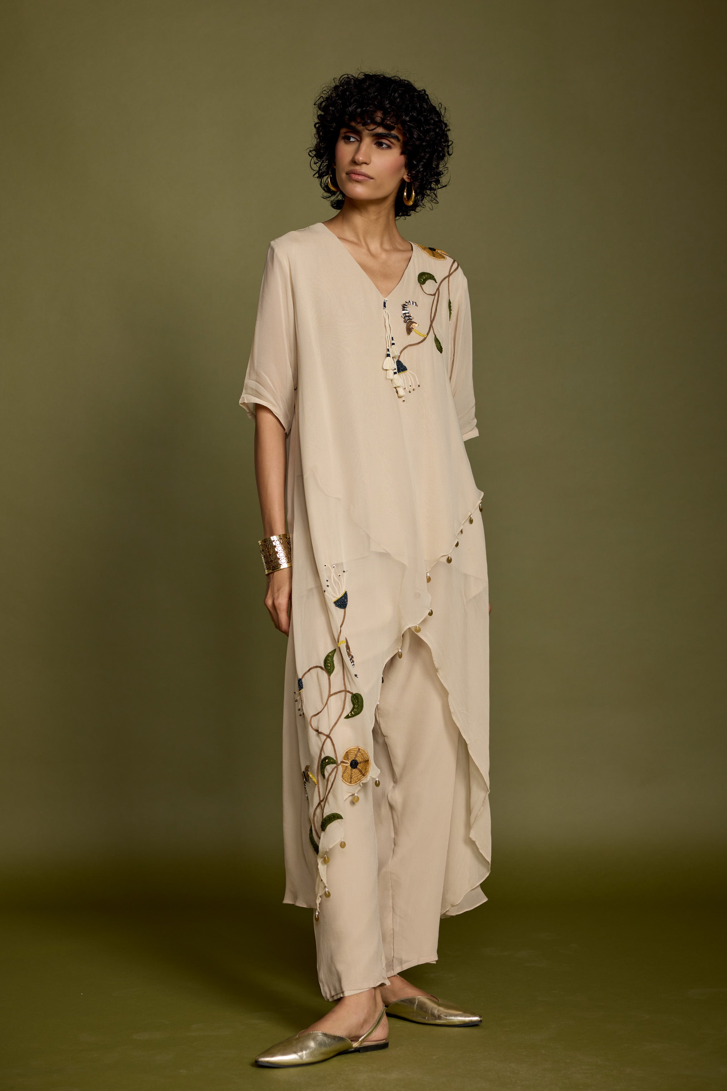 Champagne Beige Embellished Georgette Silk Kurta Set