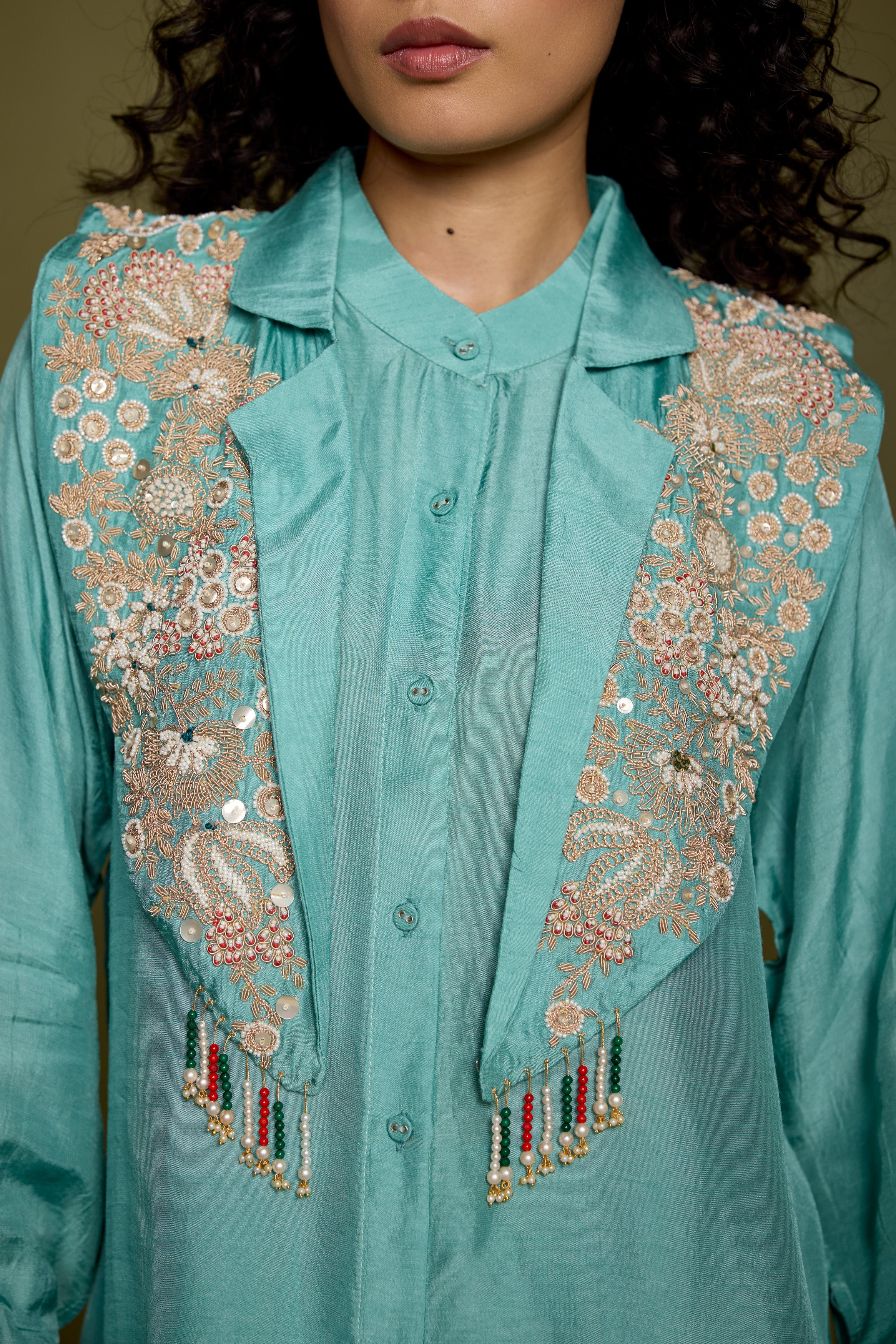 Aqua Blue Embellished Raw Silk Co-Ord Set