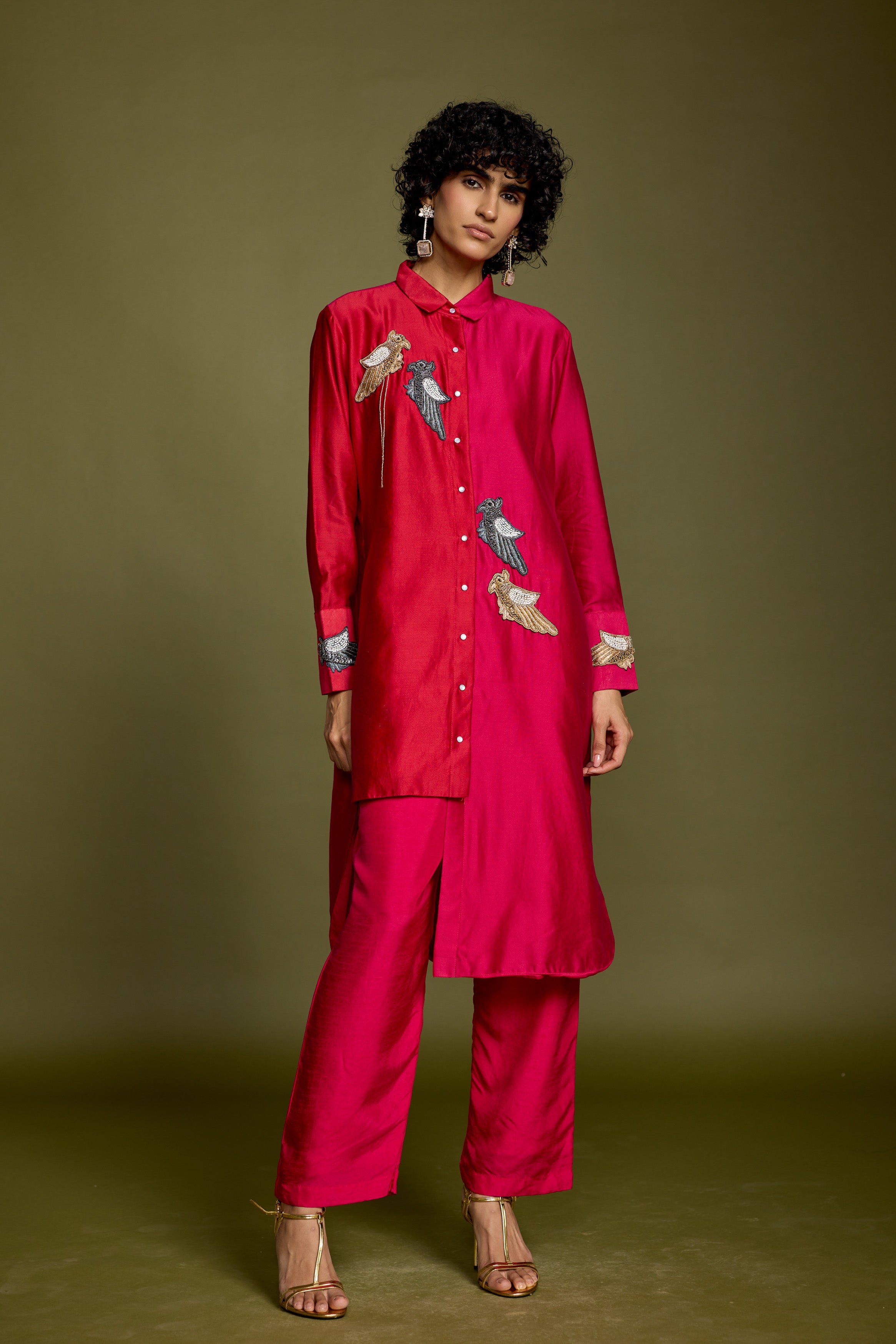 Fuchsia & Red Embellished Raw Silk Co-Ord Set