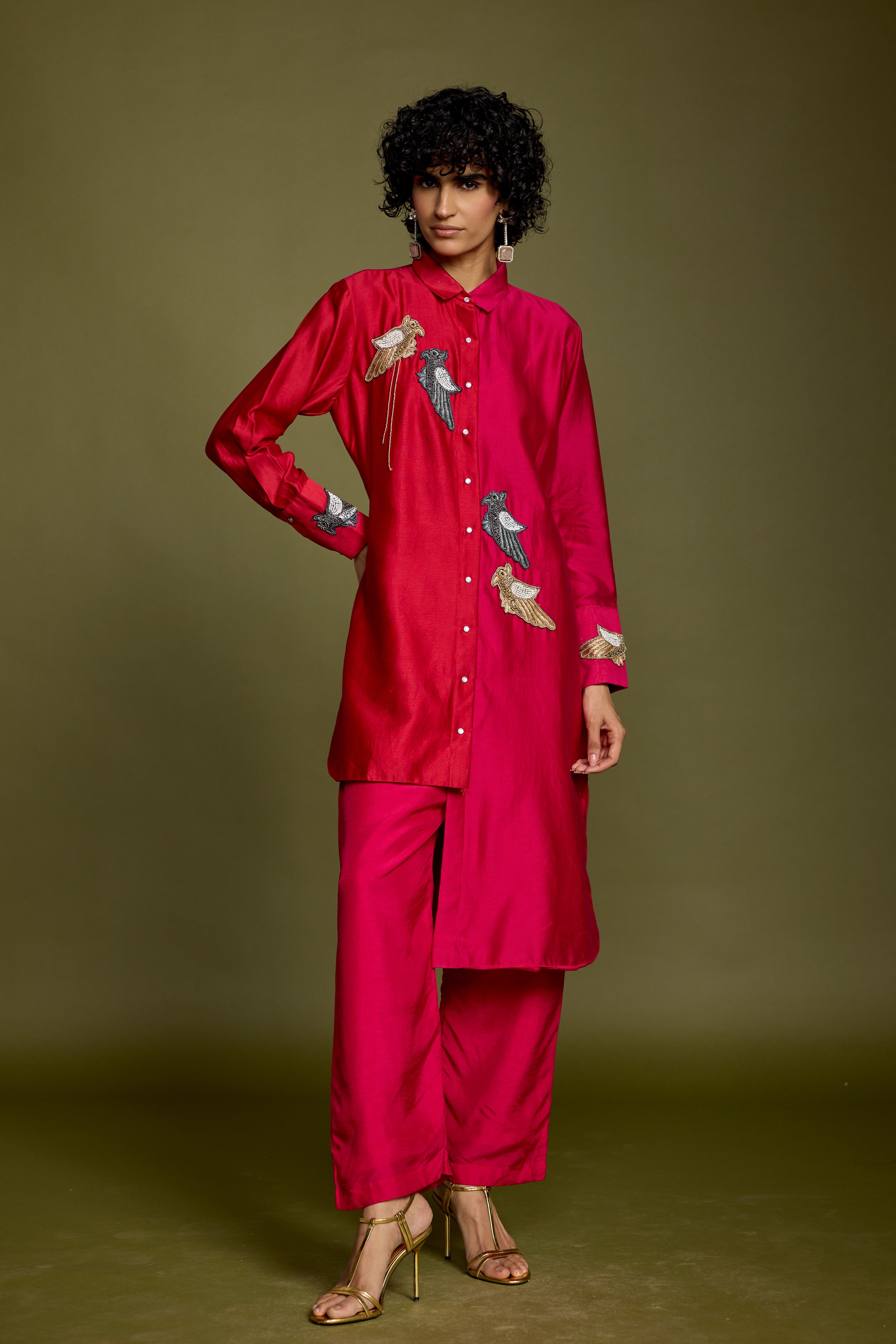 Fuchsia & Red Embellished Raw Silk Co-Ord Set