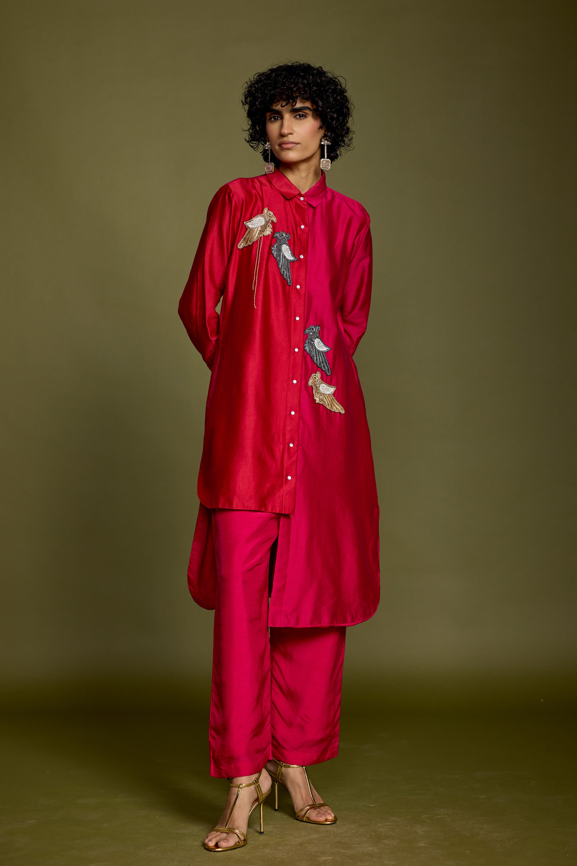 Fuchsia & Red Embellished Raw Silk Co-Ord Set