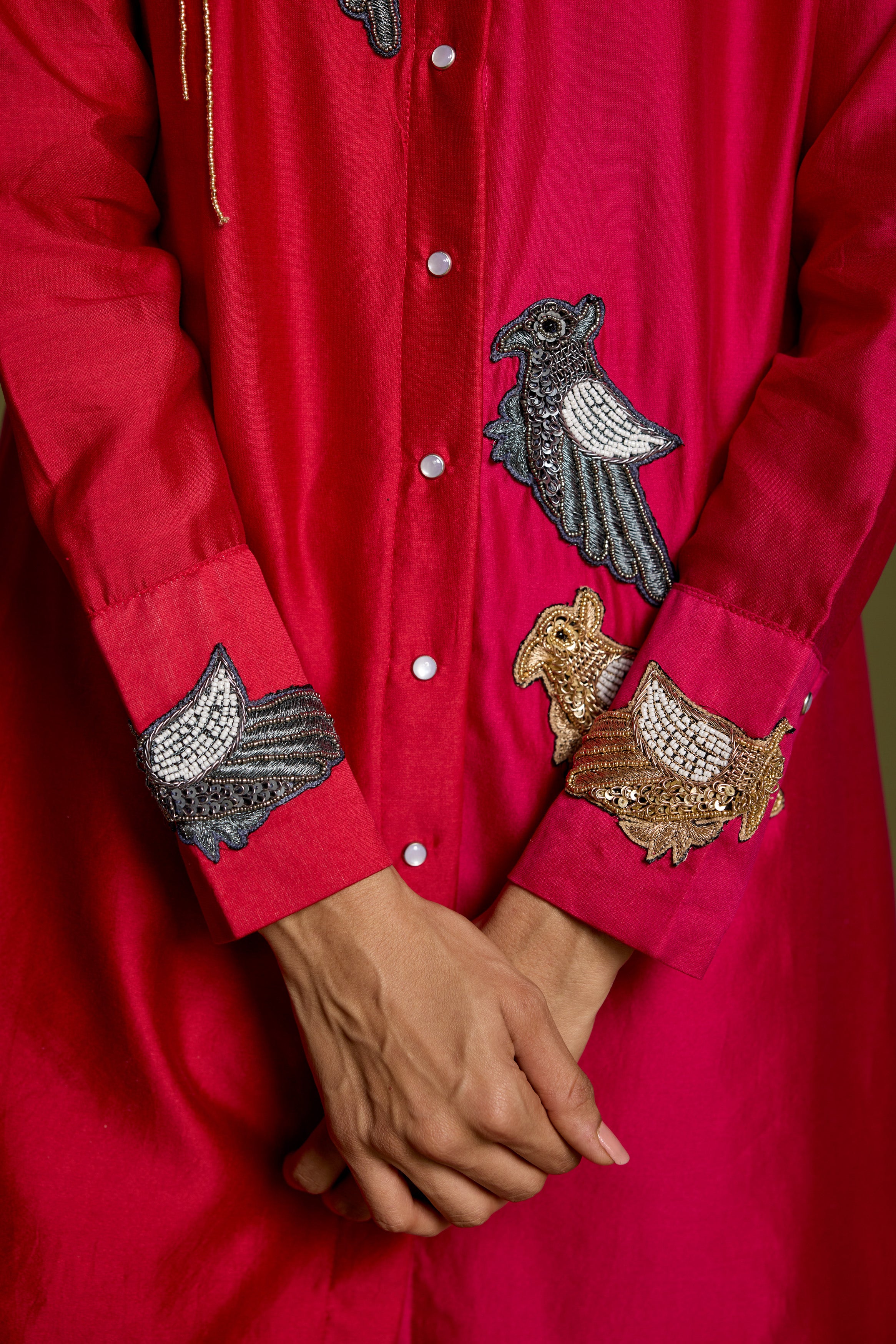 Fuchsia & Red Embellished Raw Silk Co-Ord Set