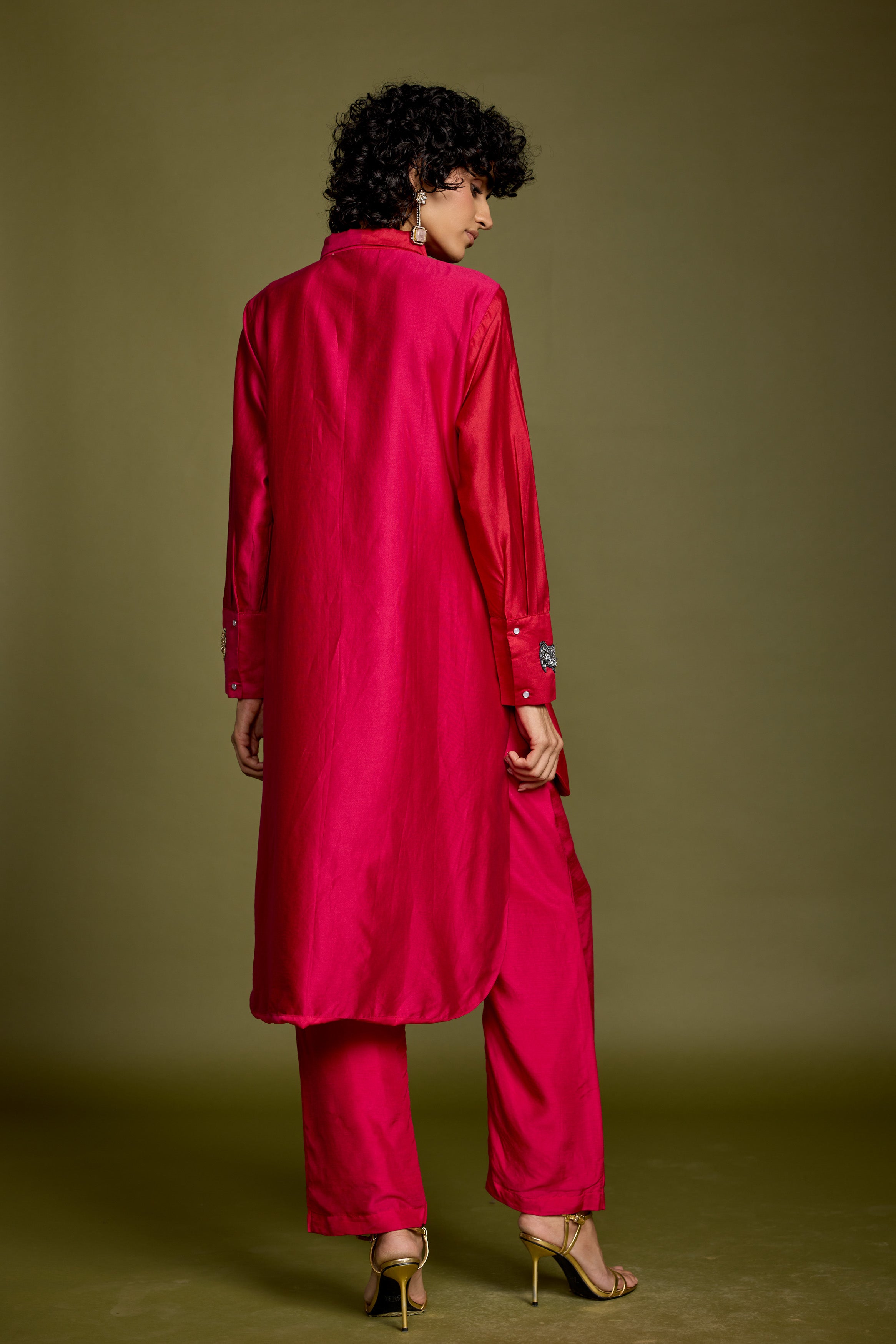 Fuchsia & Red Embellished Raw Silk Co-Ord Set