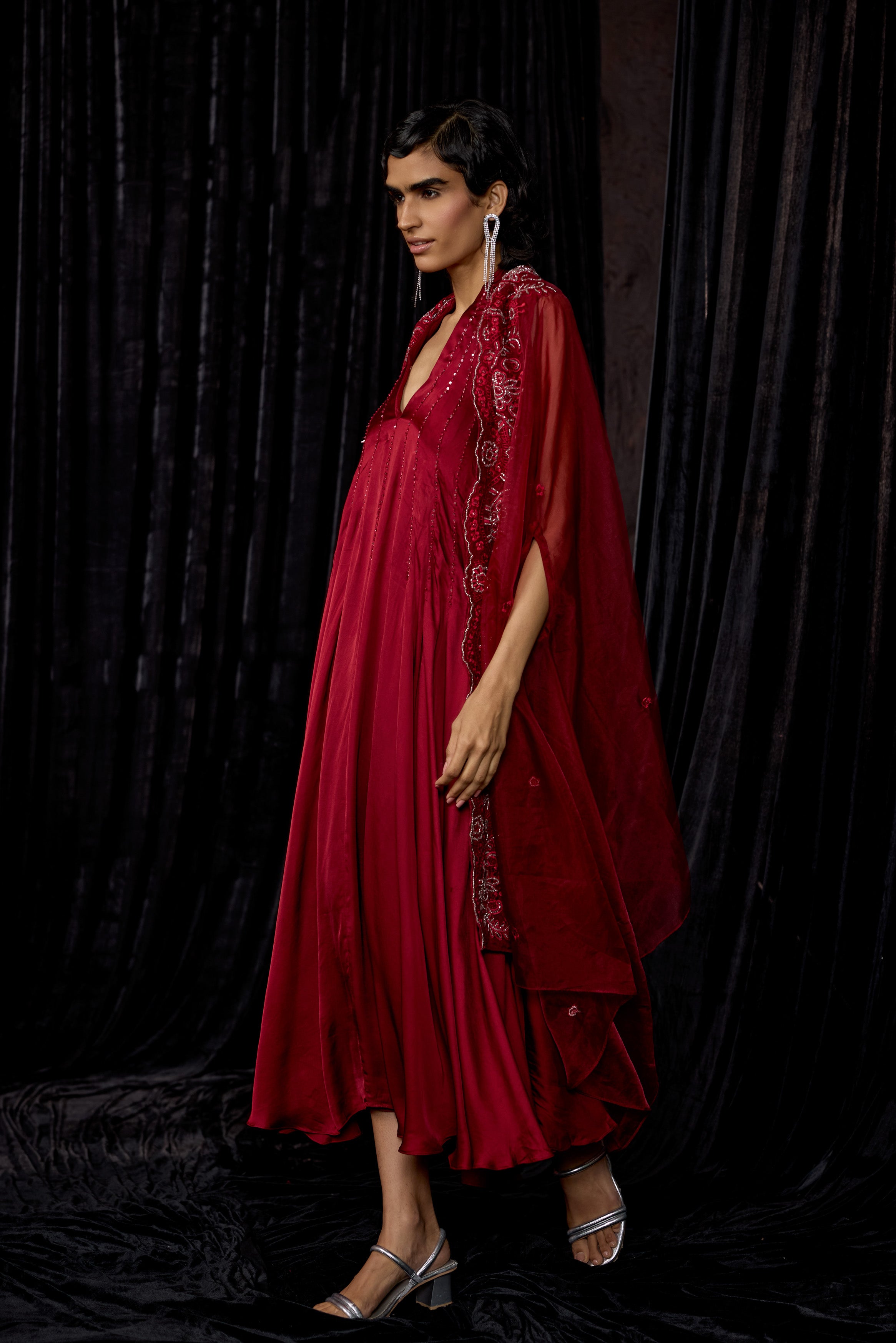 Maroon Embellished Satin Silk Dress