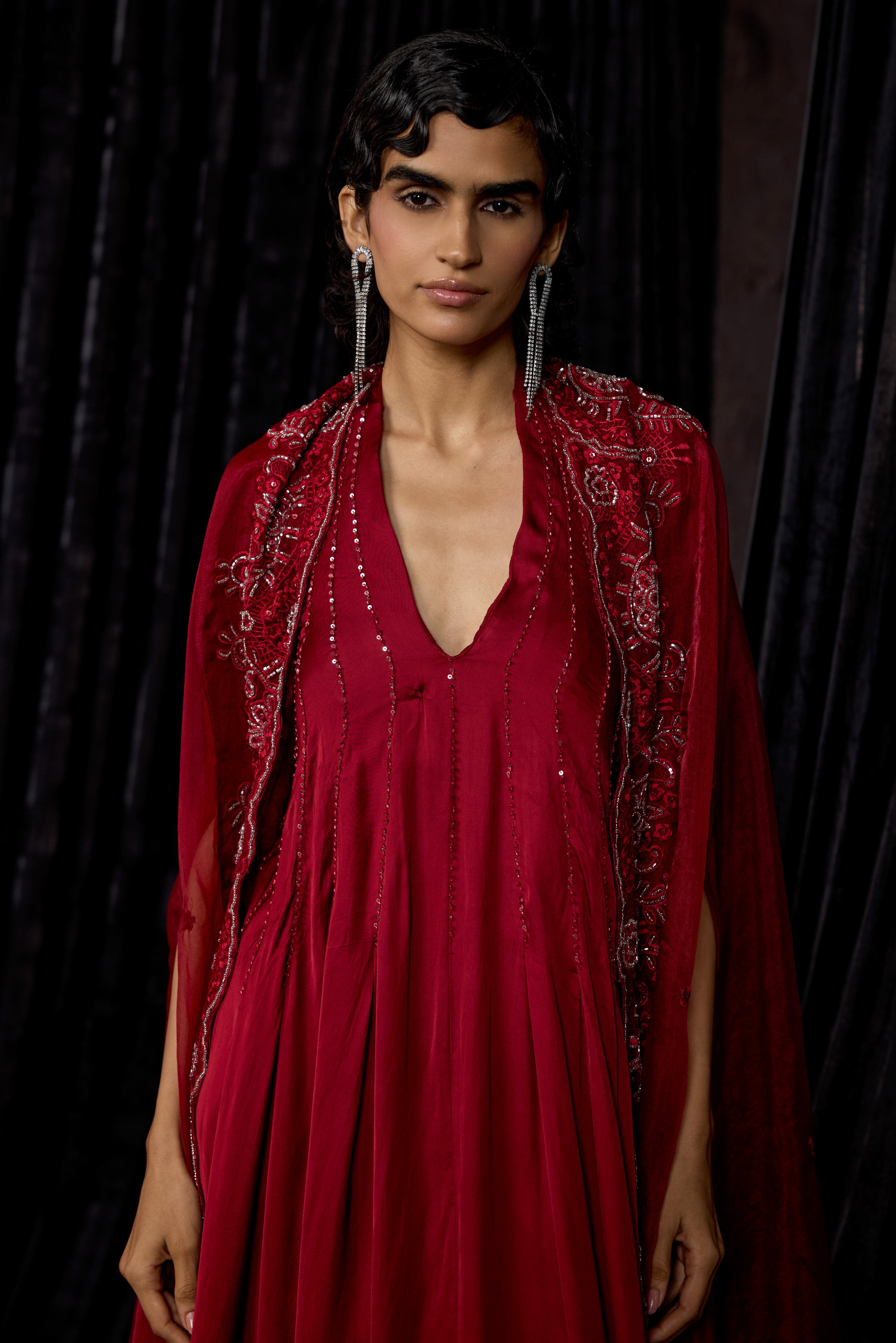 Maroon Embellished Satin Silk Dress