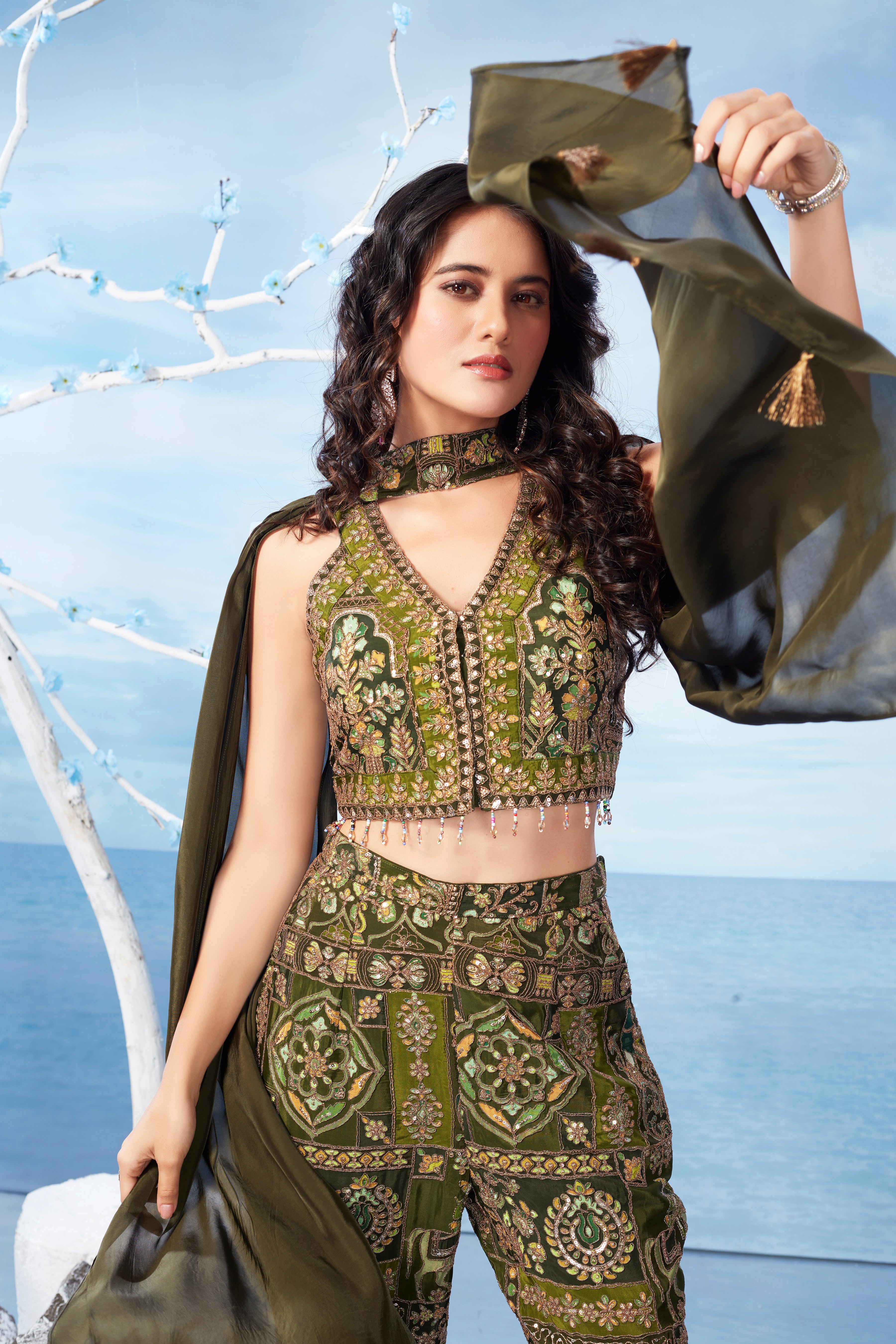 Green Embellished Italian Silk Palazzo Set