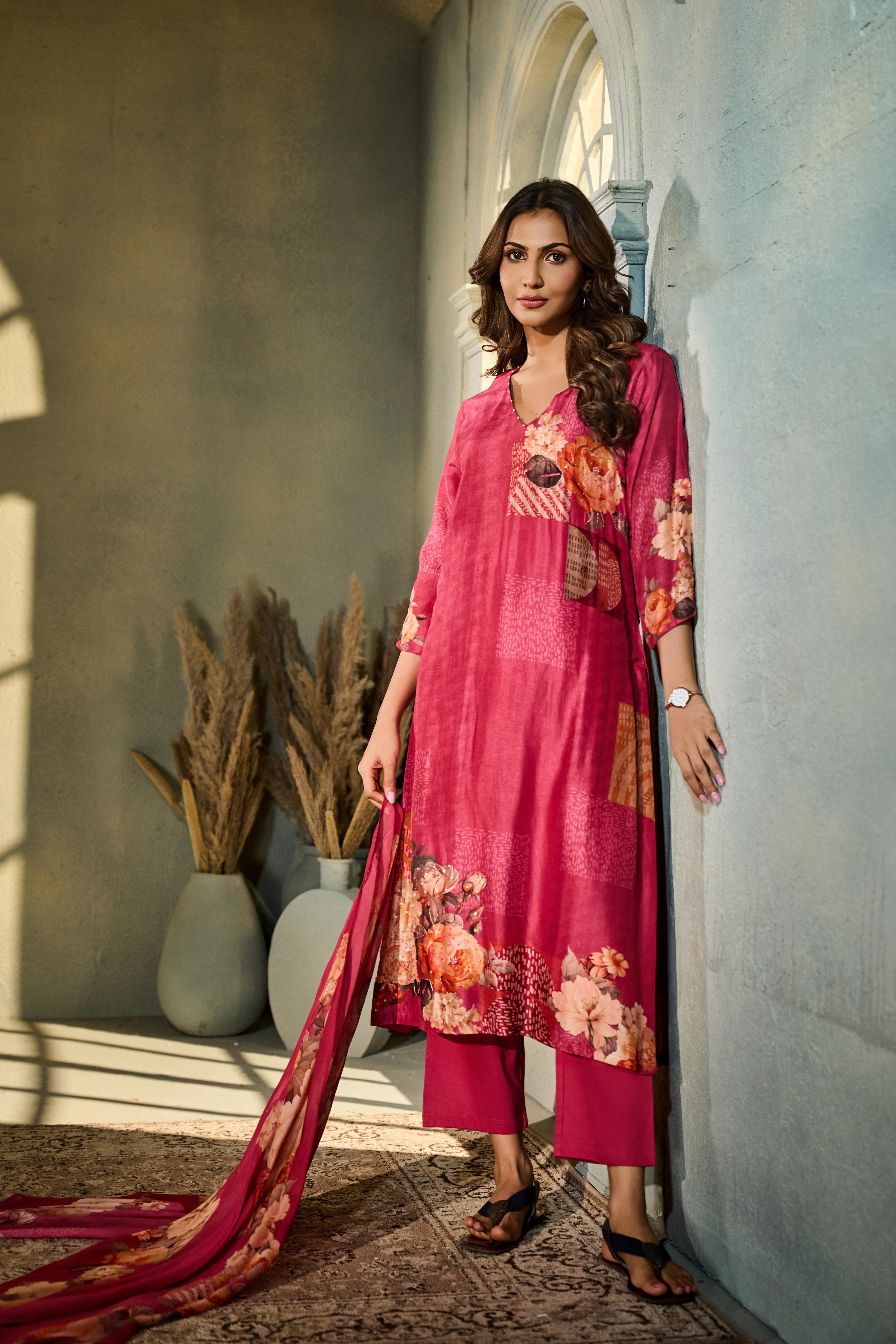 Reddish Pink Printed Muslin Silk Pant Set