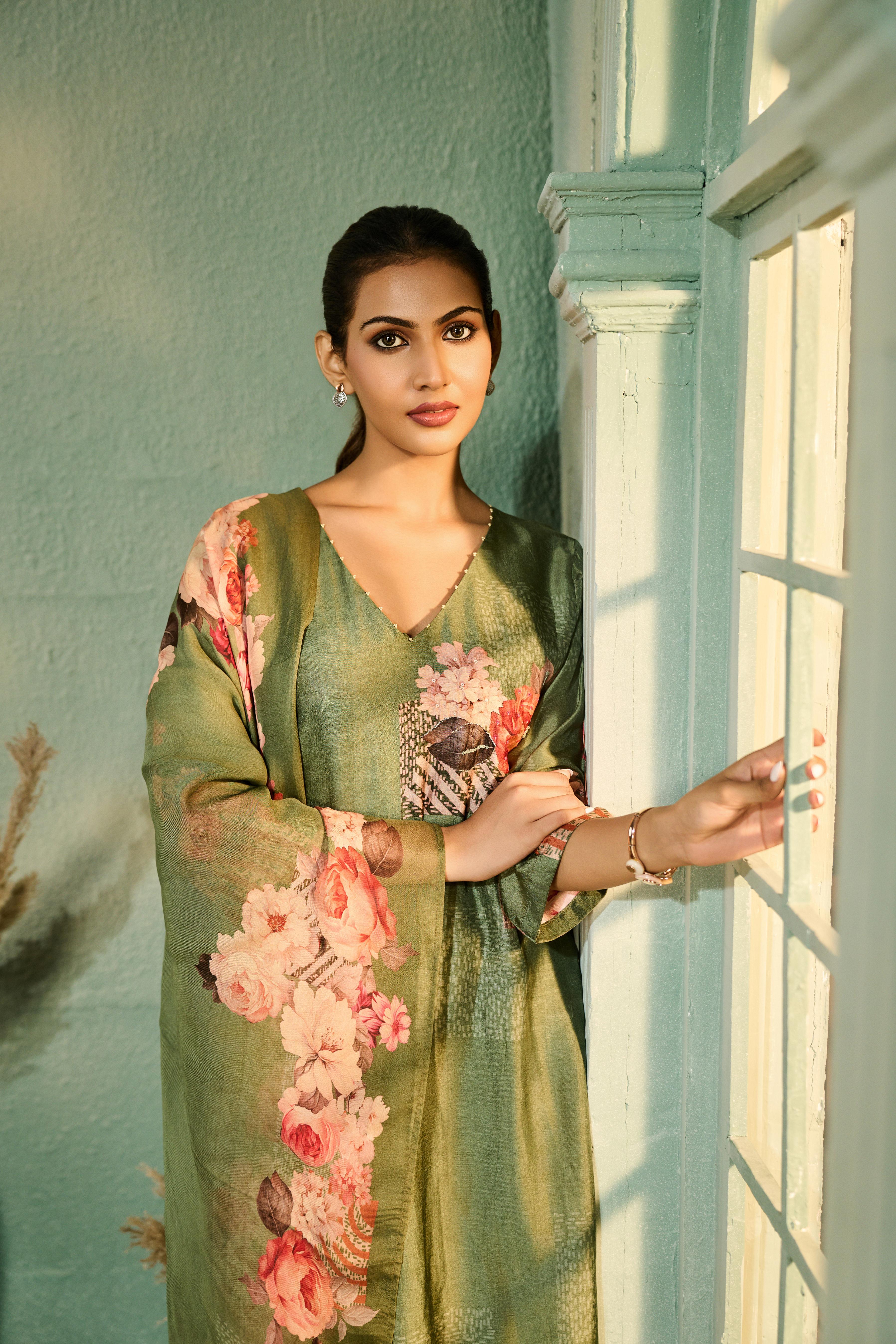 Olive Green Printed Muslin Silk Pant Set