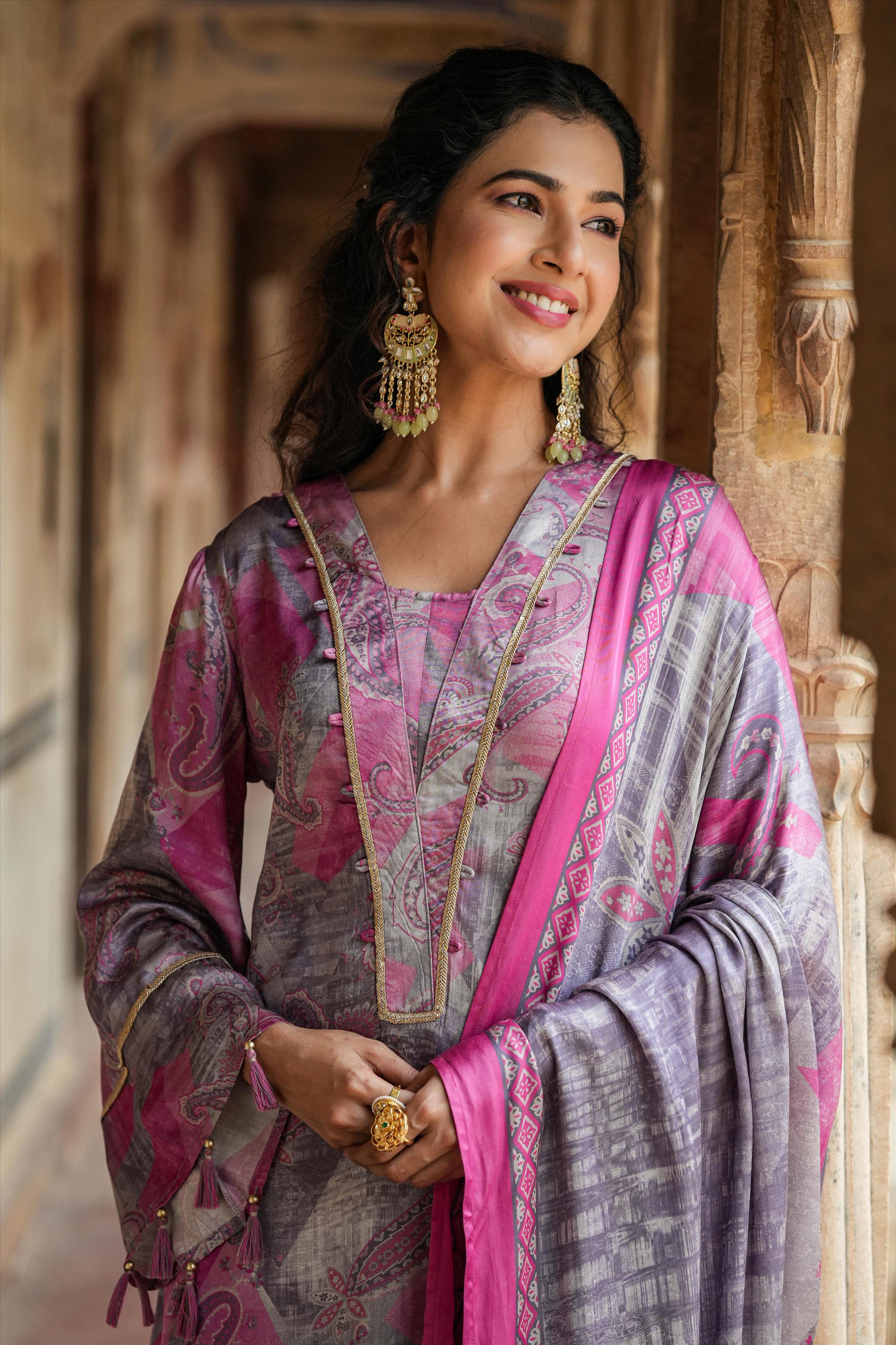 Pink Paisley Printed Satin Silk Pakistani Suit Set
