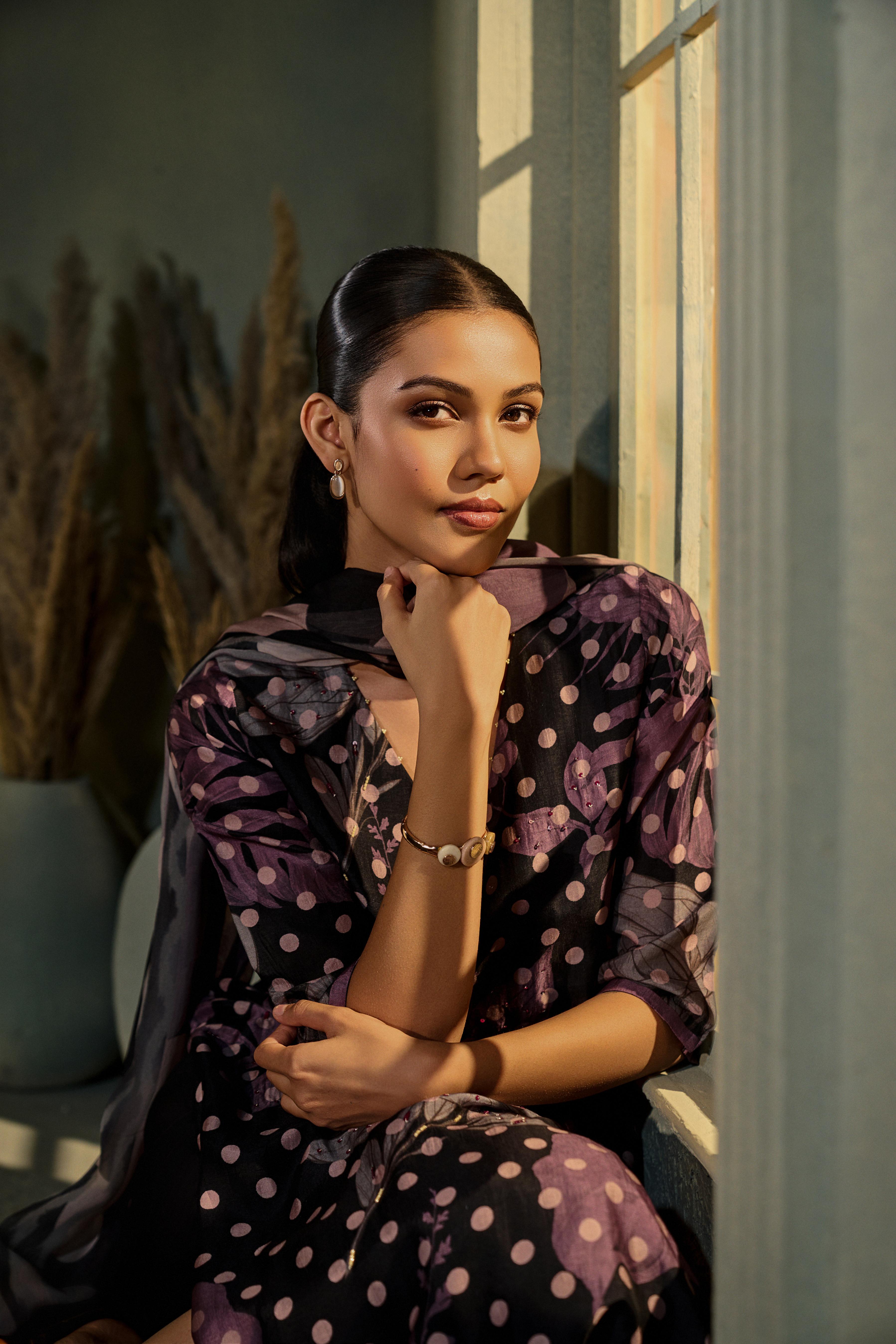 Charcoal Black Printed Muslin Silk Pant Set