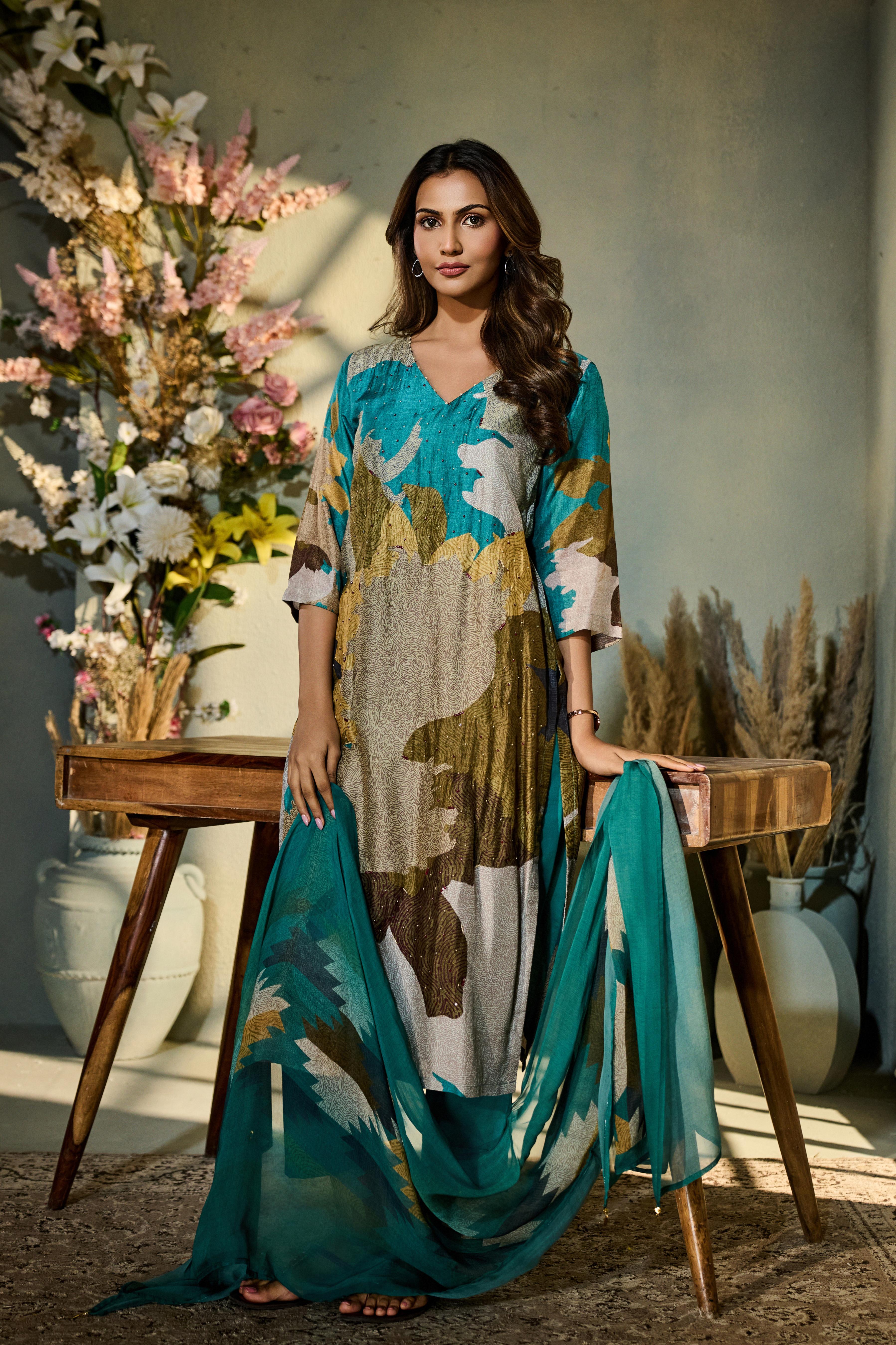 Teal Green Printed Muslin Silk Pant Set