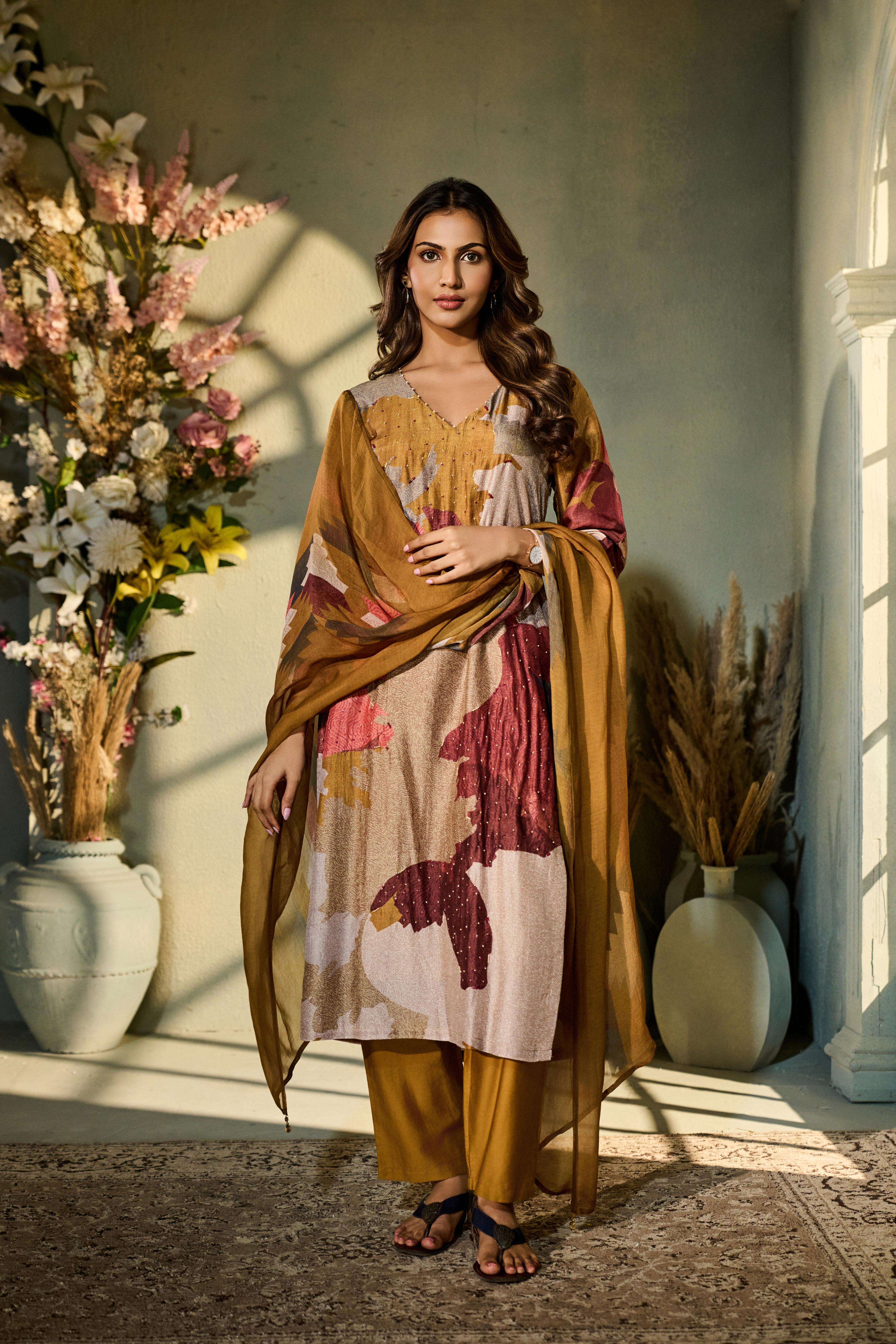Gold Ochre Printed Muslin Silk Pant Set
