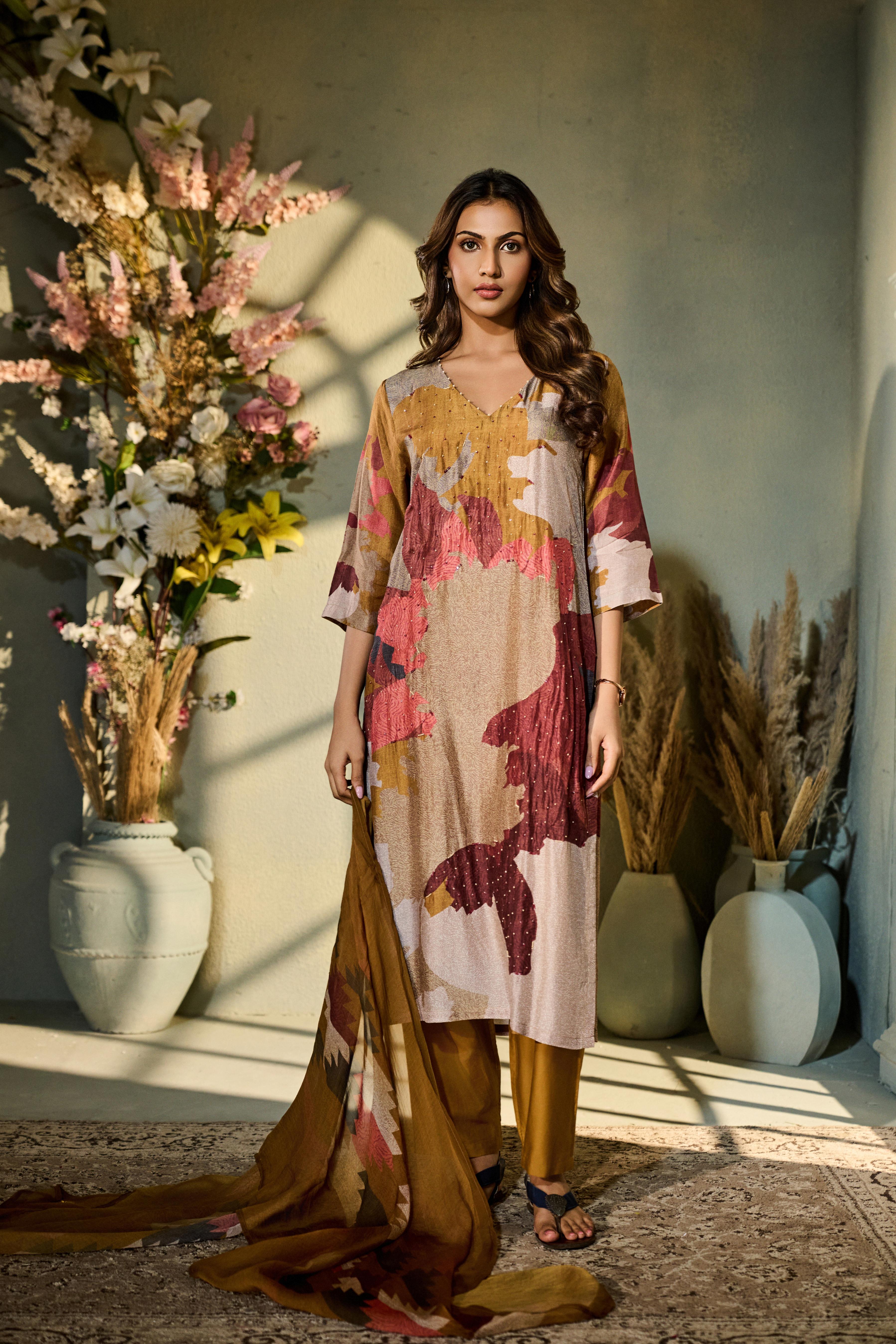 Gold Ochre Printed Muslin Silk Pant Set
