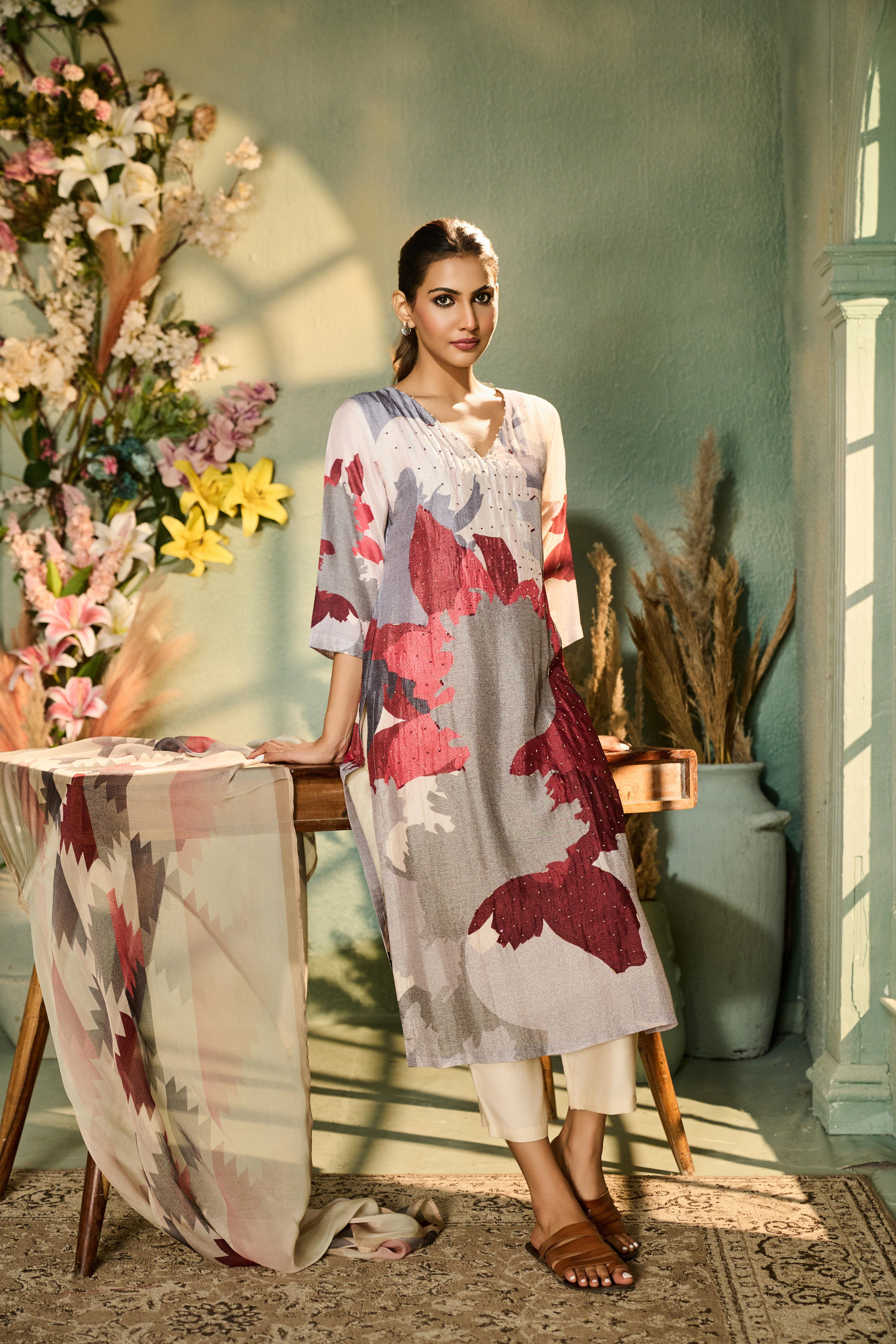 Slate Grey Printed Muslin Silk Pant Set