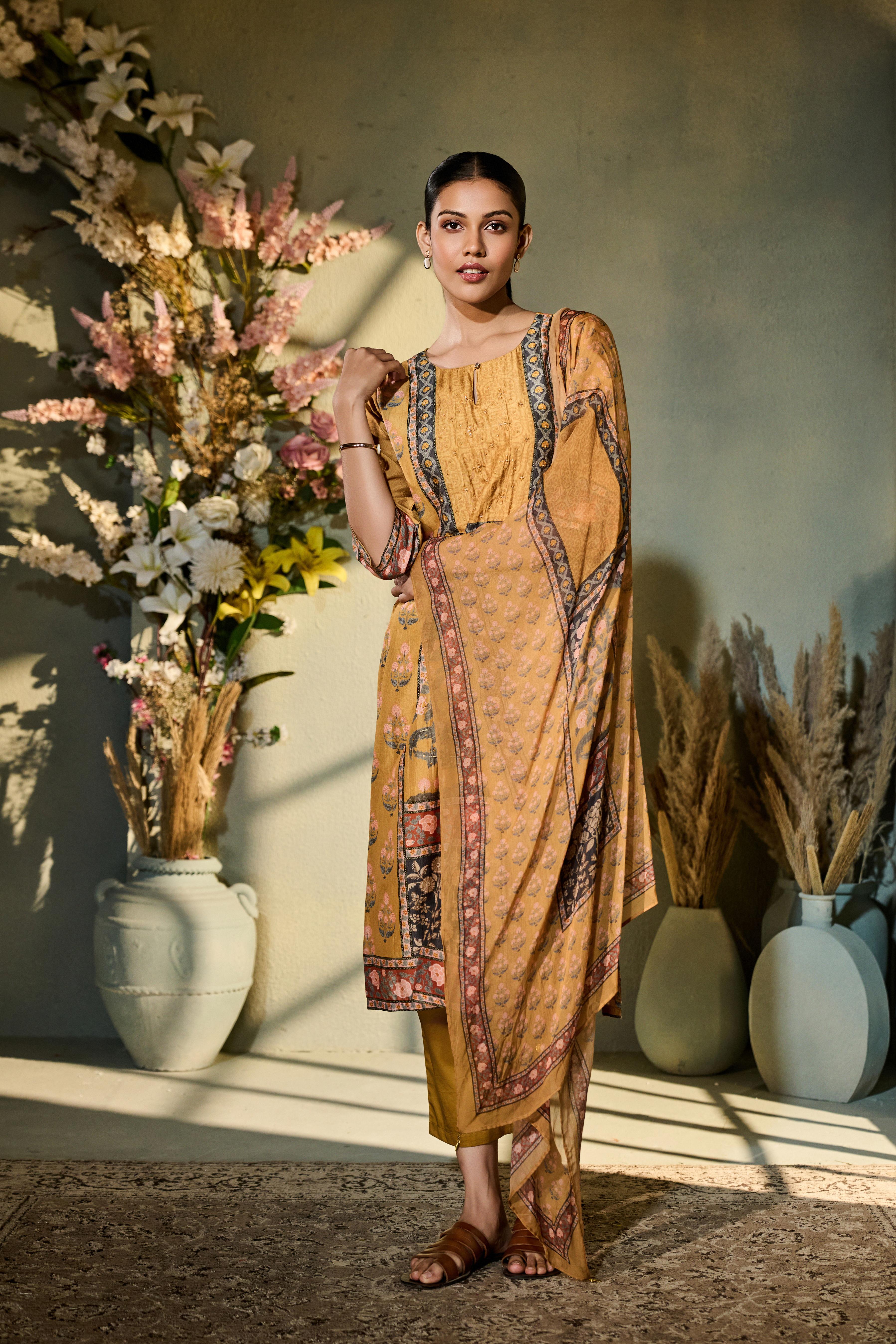 Earthy Yellow-Brown Printed Muslin Silk Pant Set