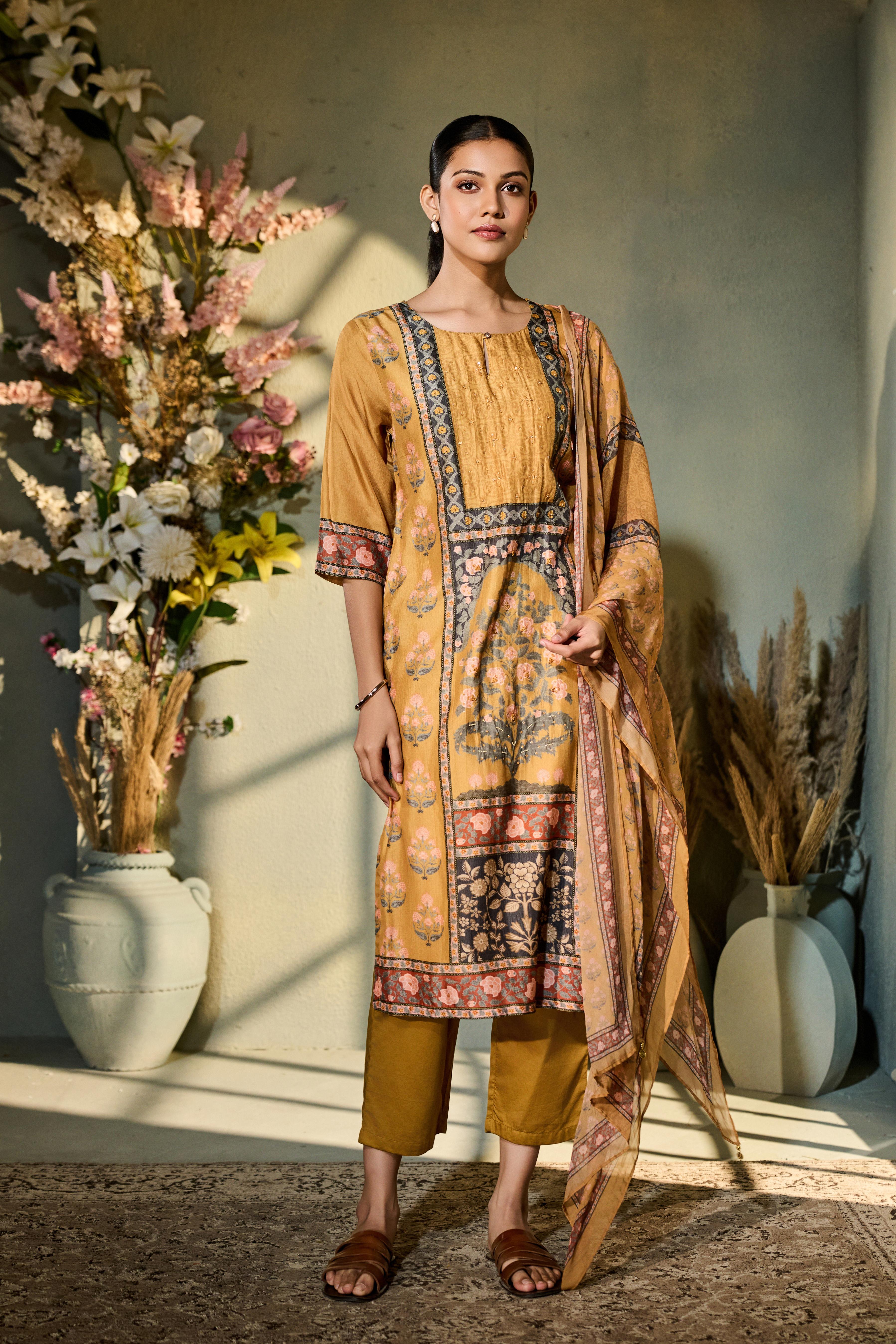 Earthy Yellow-Brown Printed Muslin Silk Pant Set
