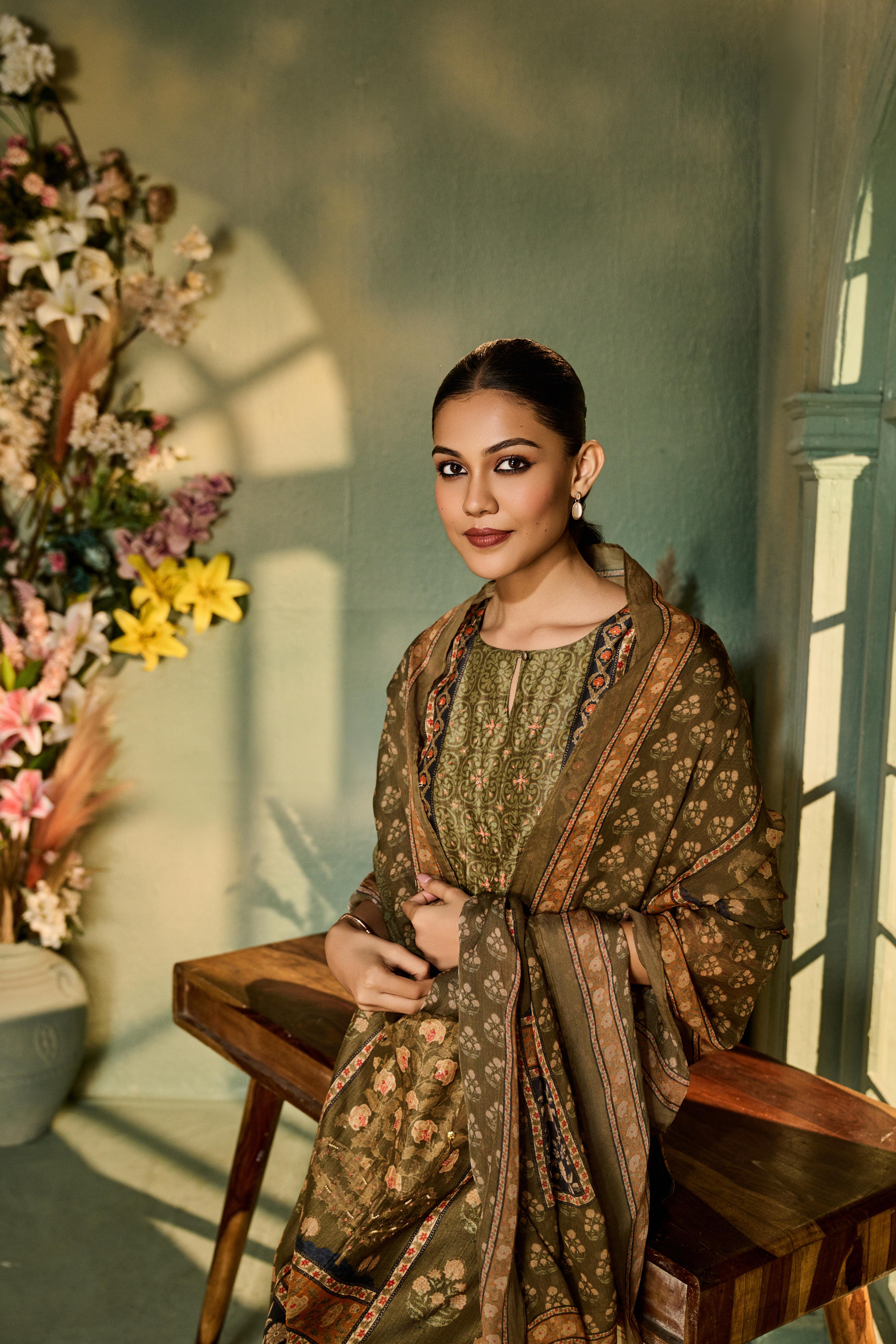 Khaki Green Printed Muslin Silk Pant Set