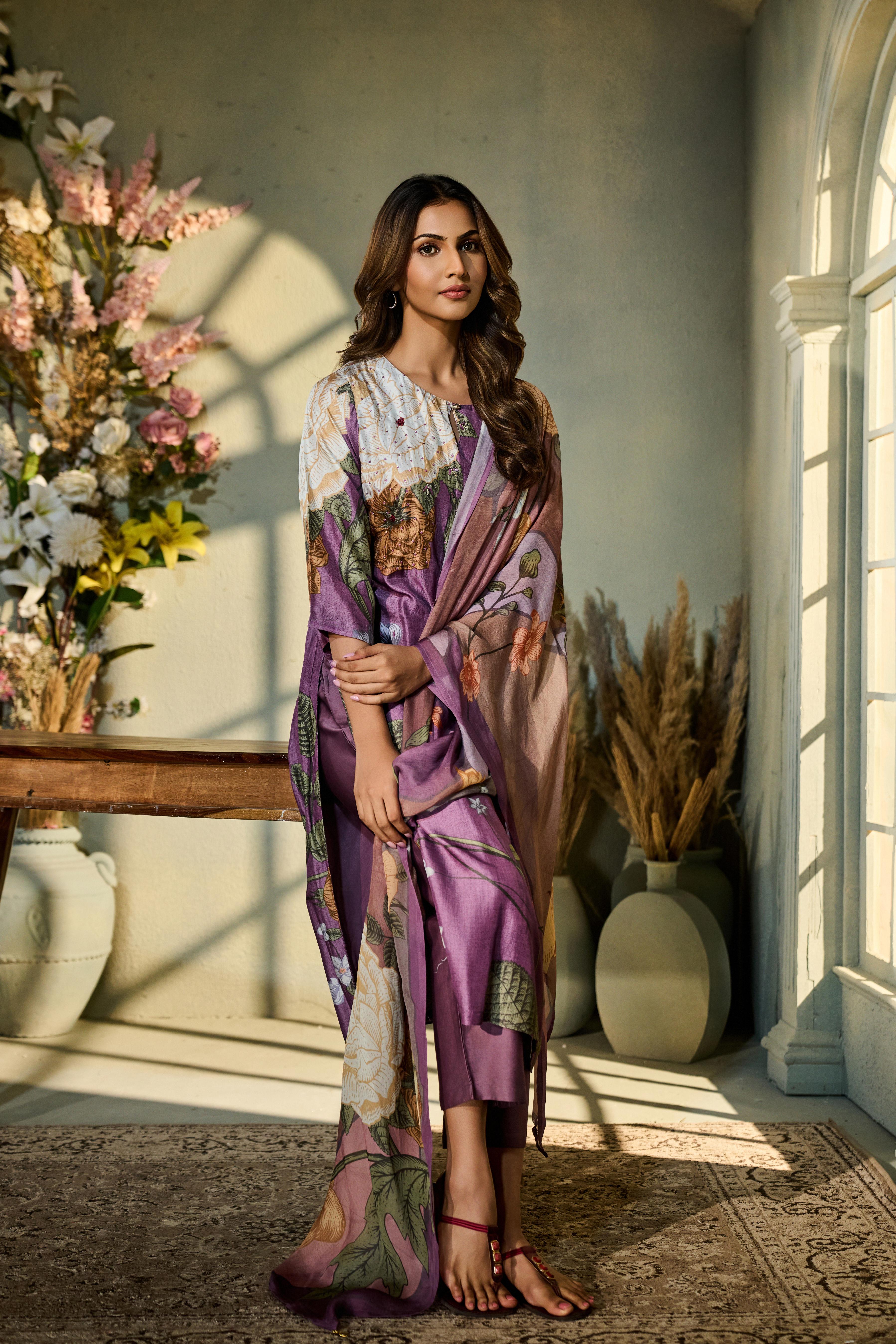 Mauve Purple Printed Muslin Silk Pant Set