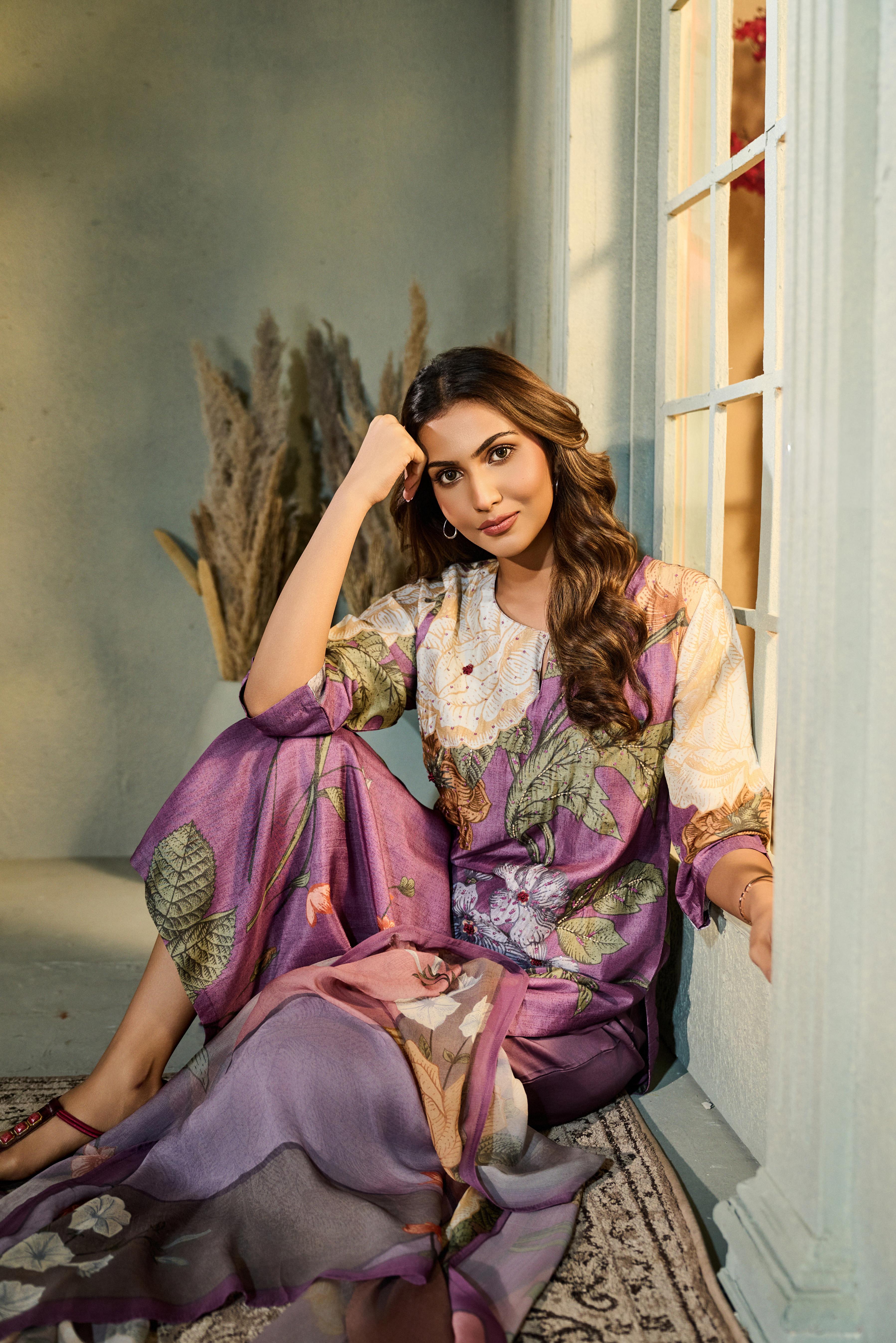 Mauve Purple Printed Muslin Silk Pant Set