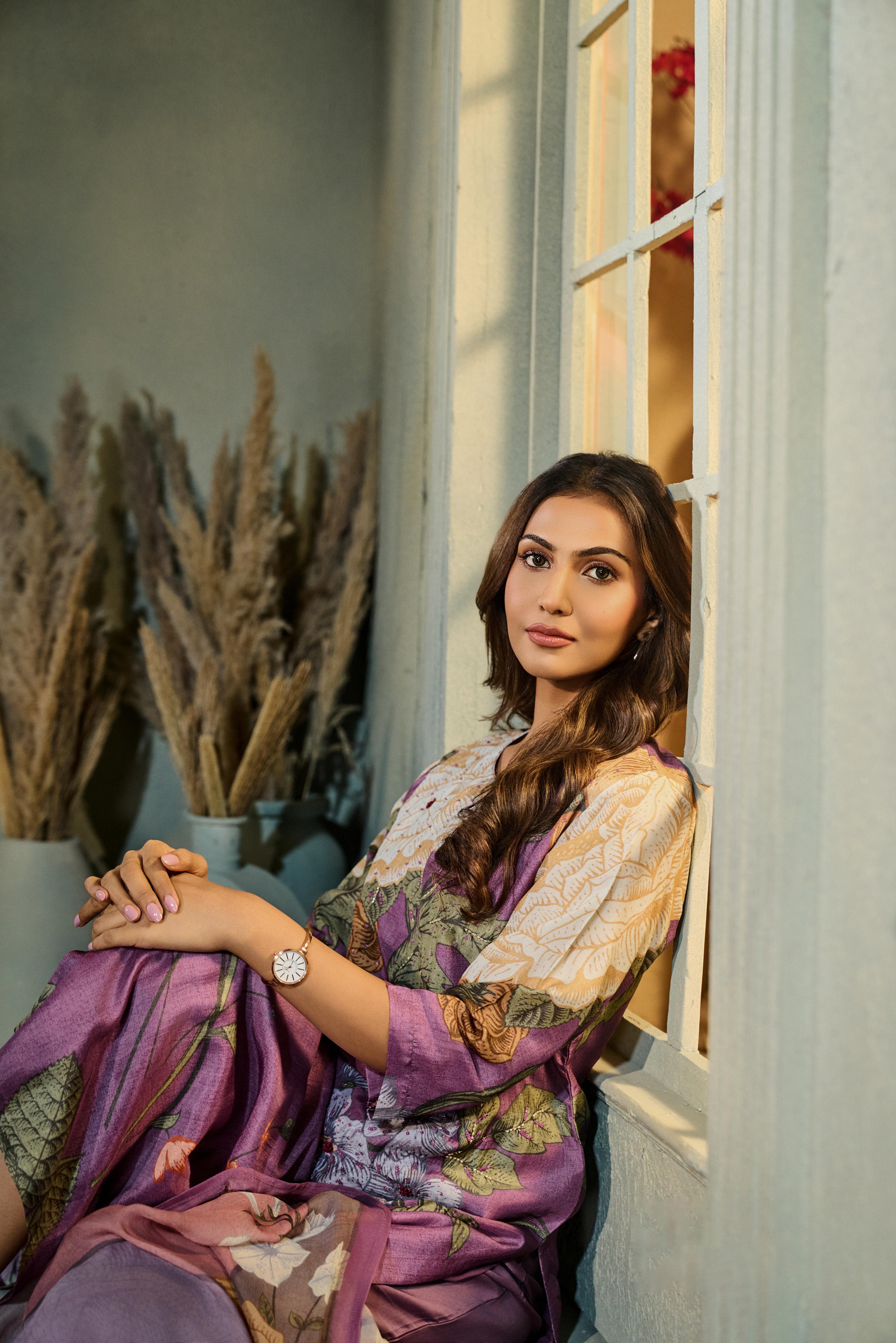 Mauve Purple Printed Muslin Silk Pant Set