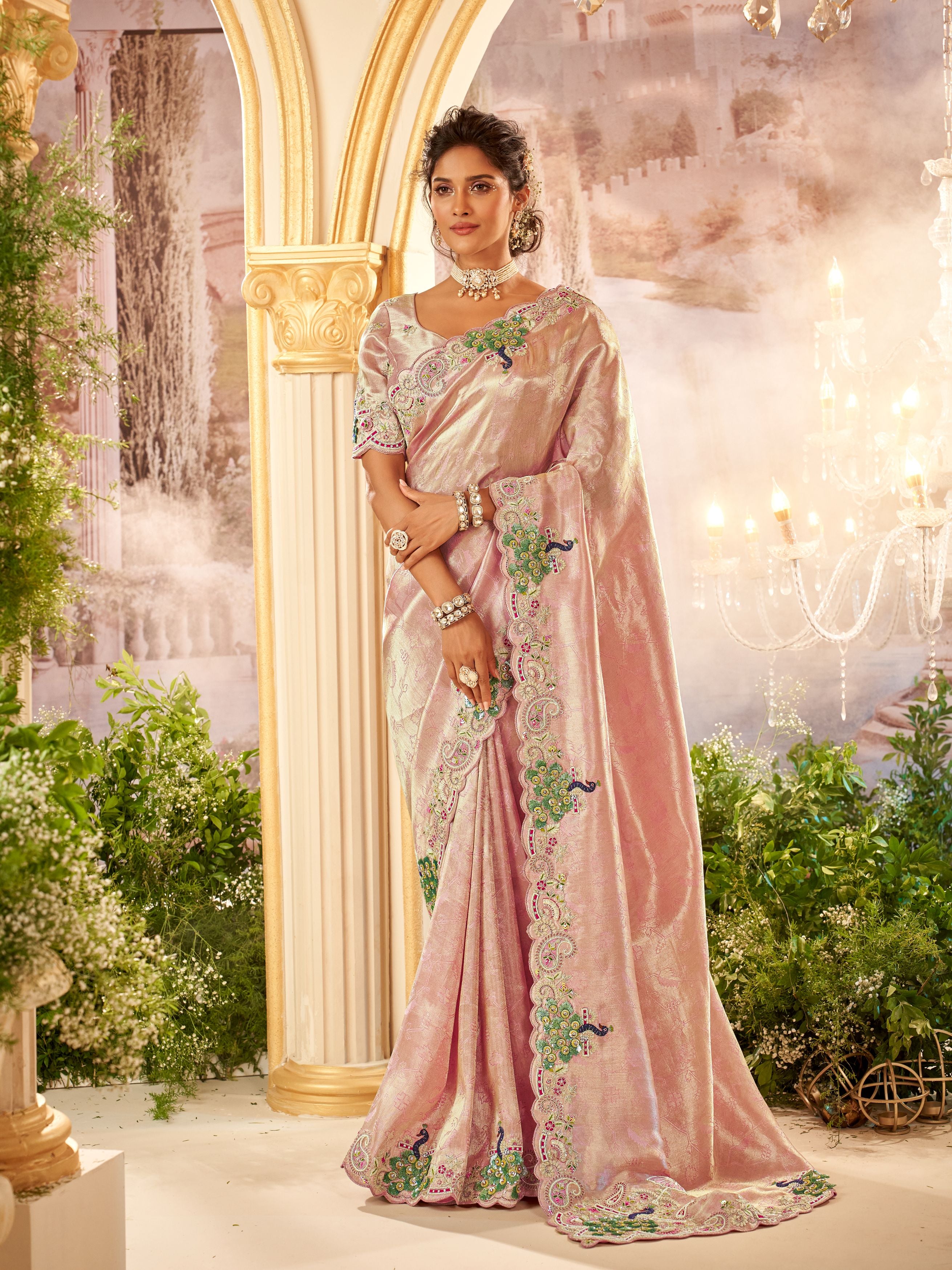 Salmon Pink Embellished Kanjiwaram Silk Saree