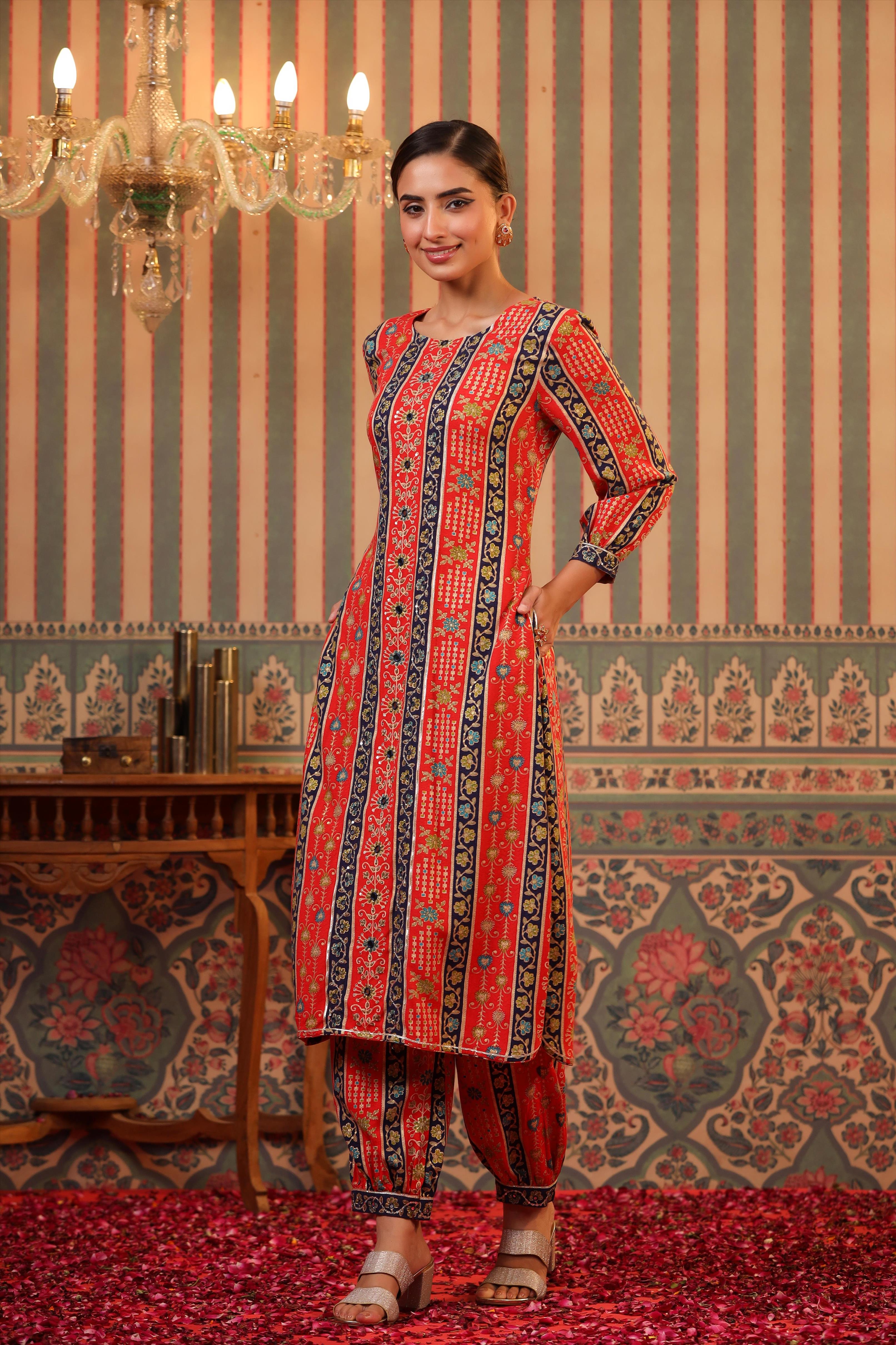 Red Floral Foil Printed Spanish Silk Pathani Suit Set