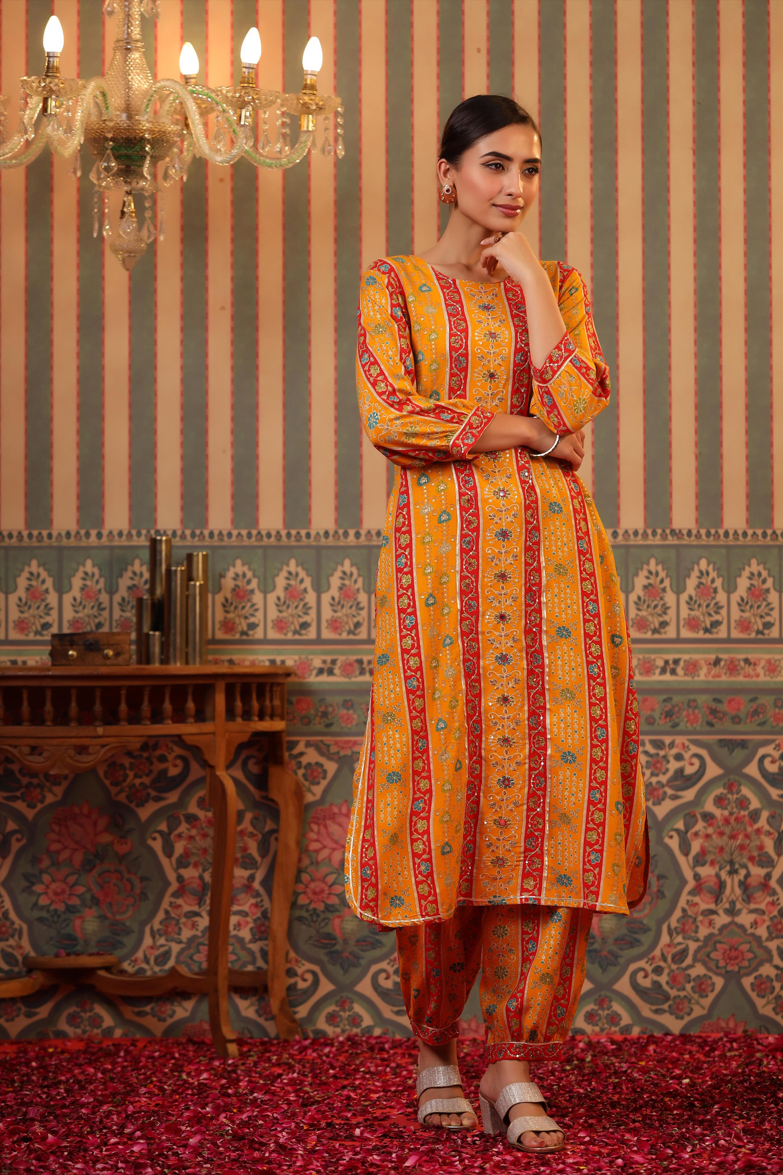 Orange Foil Printed Spanish Silk Pathani Suit Set